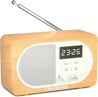 ENUOSUMA Radio Alarm Clock with Bluetooth Speaker Portable Radio FM Wood Grain Digital Clock Radio with LED Display Built-in TF Card Slot/USB Port/Microphone and AUX Input