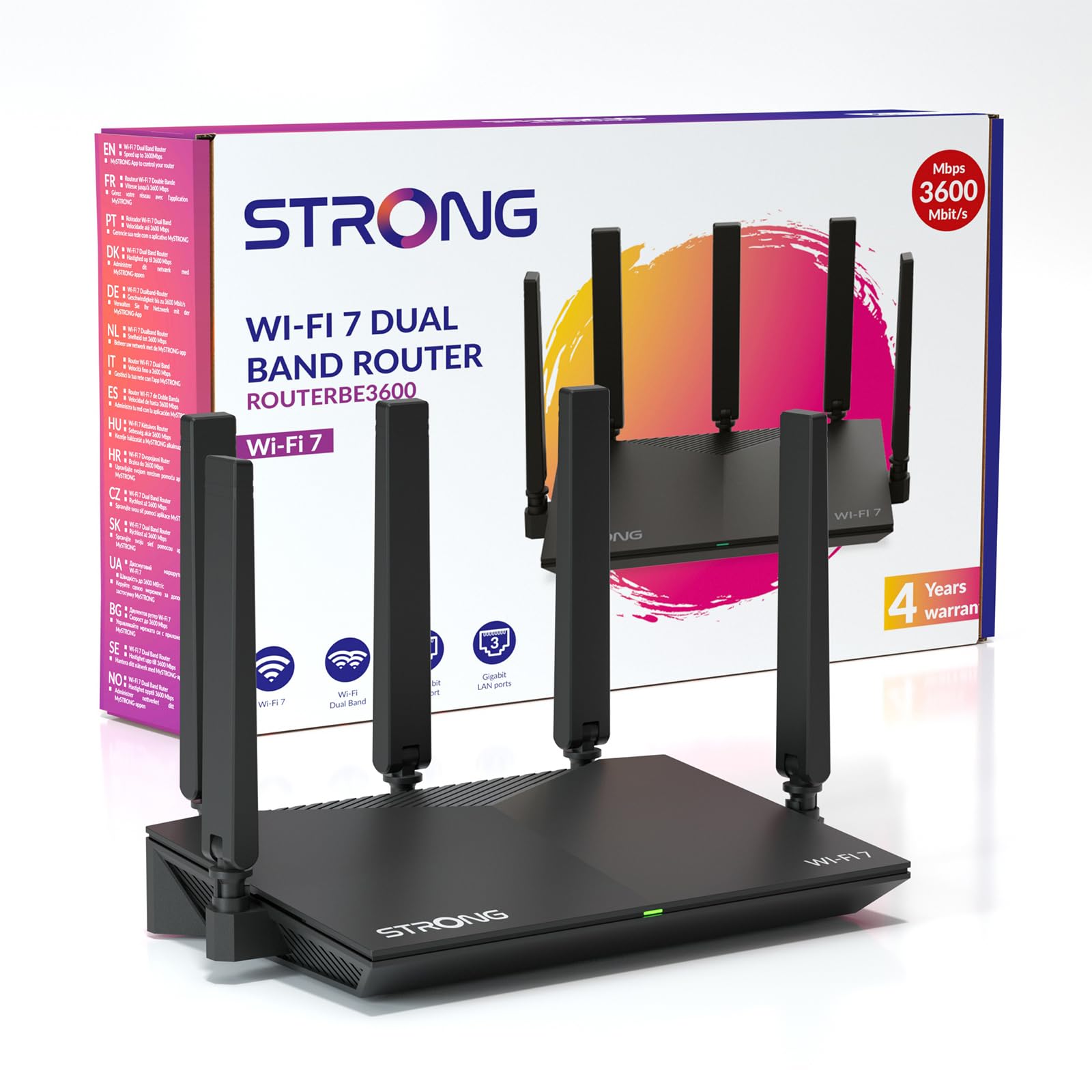 STRONG BE3600 Dual-Band Wi‑Fi 7 Router, up to 3.6 Gbps, MLO Support, Internet WLAN Router, 2.5G WAN & Gigabit LAN, 5 x External Antennas, App Control, Child Control, WPA3, TWT, IPv6