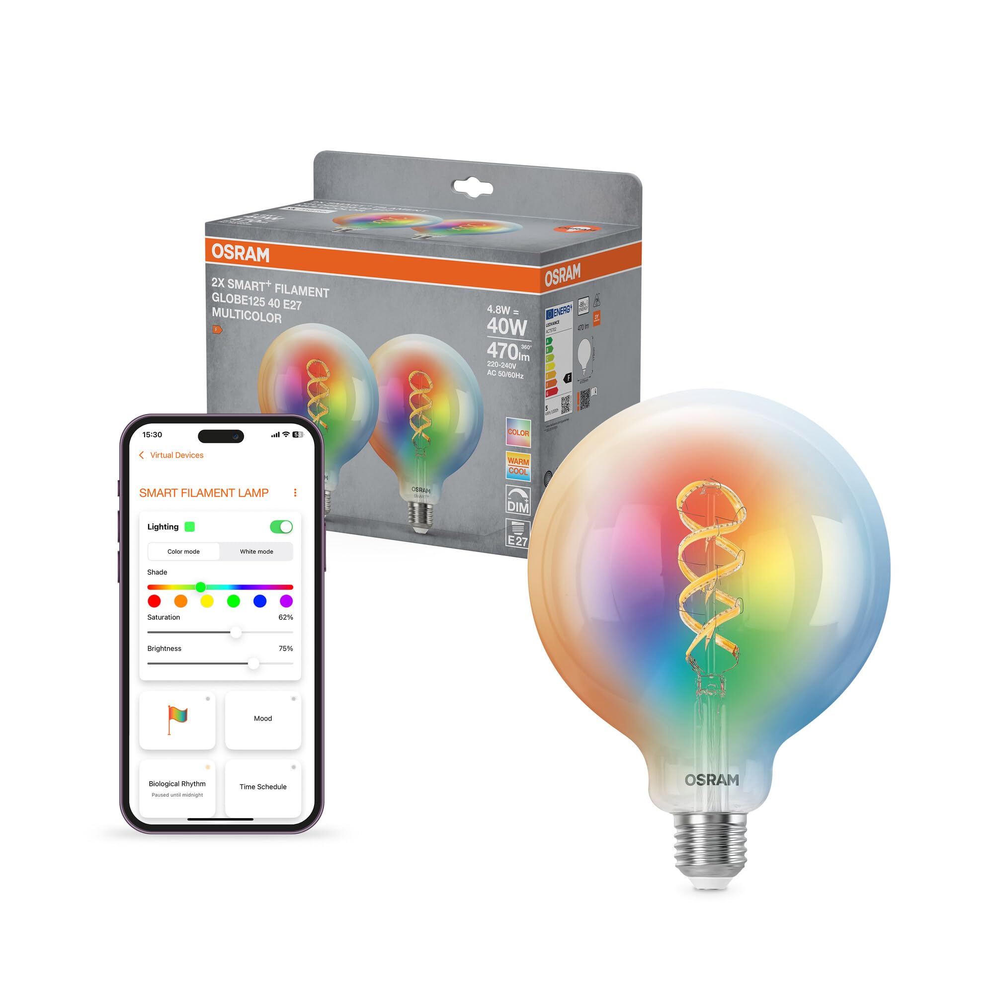 Osram SMART+ RGB Filament Globe Lampe mit Matter over Wifi, Vorteilspack mit 2 Stück, E27-Sockel, 5W, 16 Mio RGB-Farben, warmweiß-tageslichtweiß (2700-6500K), funktioniert mit Alexa, Google und Apple