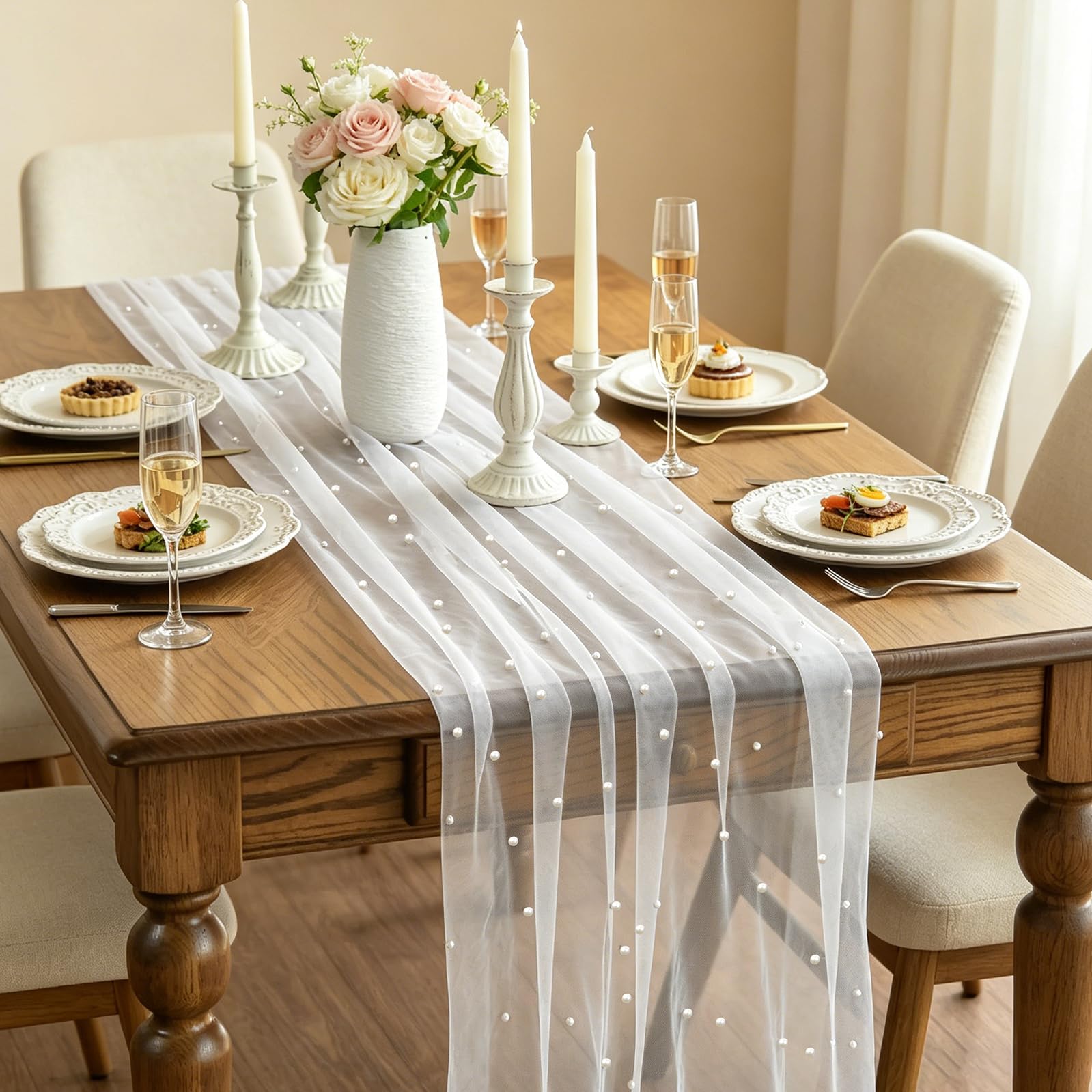 Minicoco White 2 Pack Table Runner Pearl Cheesecloth 75X300cm, Sheer Soft Gauze Crinkle Runner, Lightweight Romantic Elegant Tablecloth For Wedding Arch Decor, Bridal Shower, Birthday Party & Everyday Home