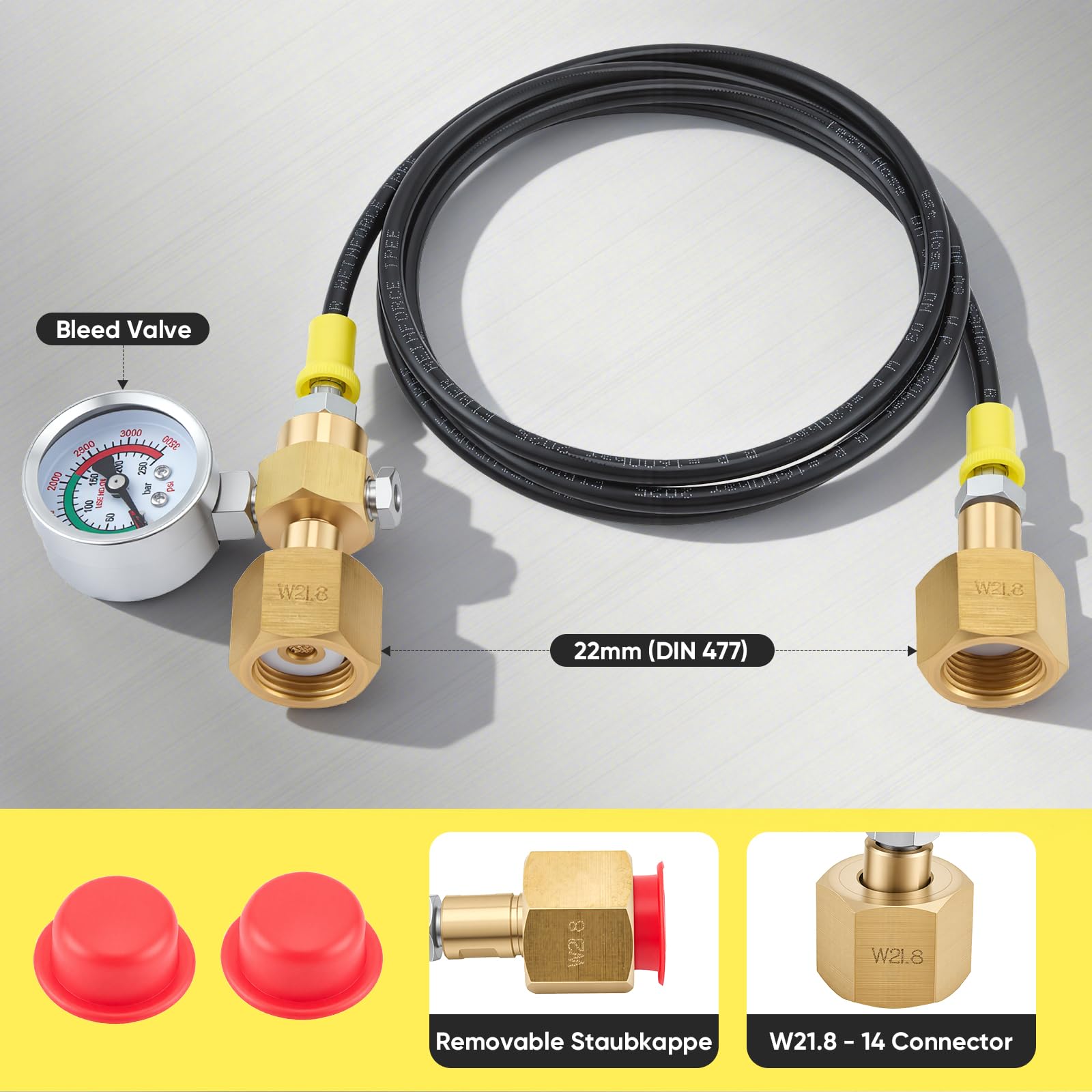 Schutzgas Umfüllschlauch 1,5m 2x W21.8-14 DIN477 CO2 Adapter Hochdruckschlauch 3500PSI Manometer CO2 Nachfüllstation Gasschlauch Argon Stickstoff Schweißgerät