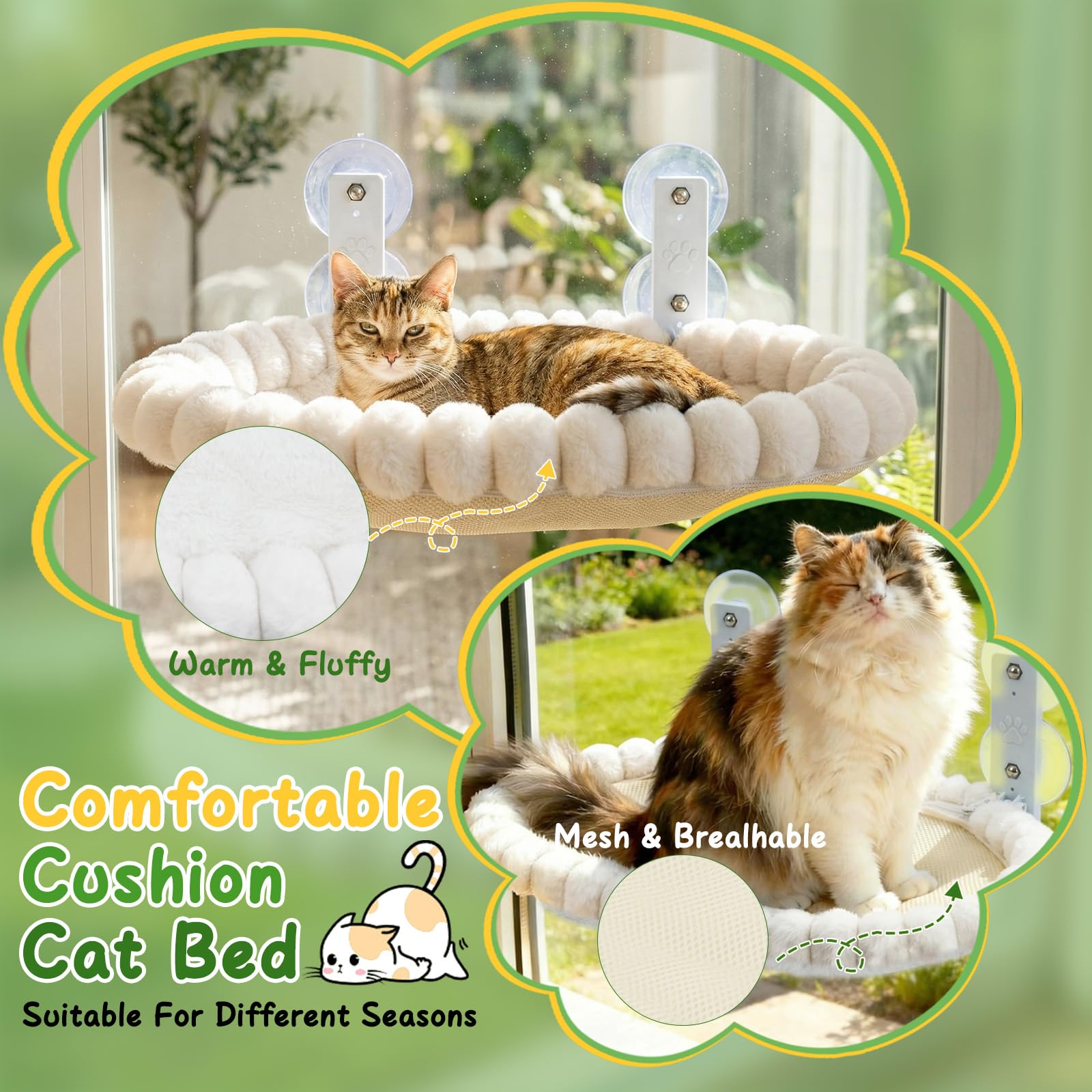 50 x 36cm Hamaca Gato Ventana,Cama Ventana para Gatos,Cat Window Perch Bed,Hamaca para Gatos Plegable,con Fuerte Succión,Soporta hasta 18 KG,Apto para Todo el Año