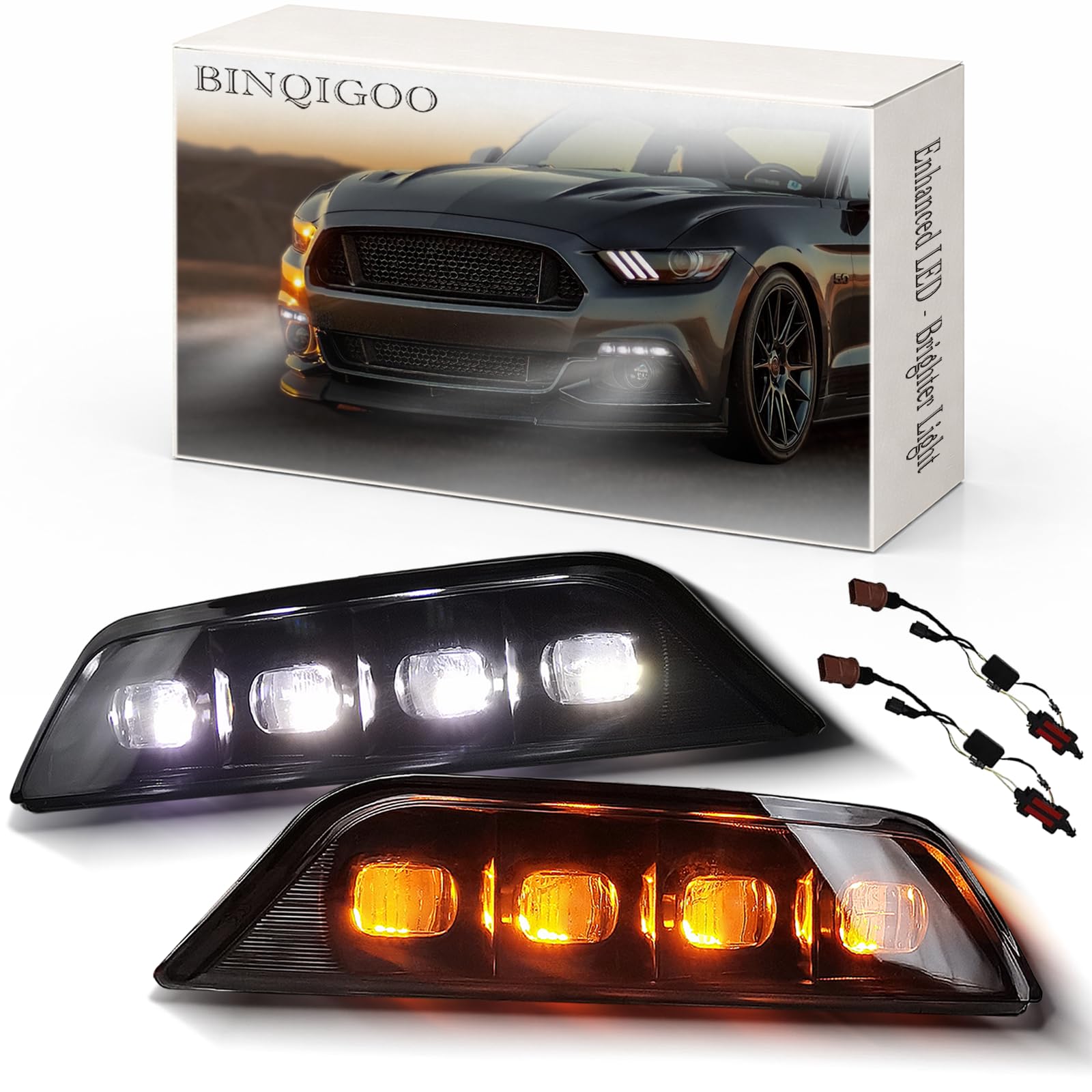 LED Front Bumper Fog Light Compatible with Ford Mustang 2015 2016 2017, Switchback White Daytime Running Light Amber Turn Signal Lamp