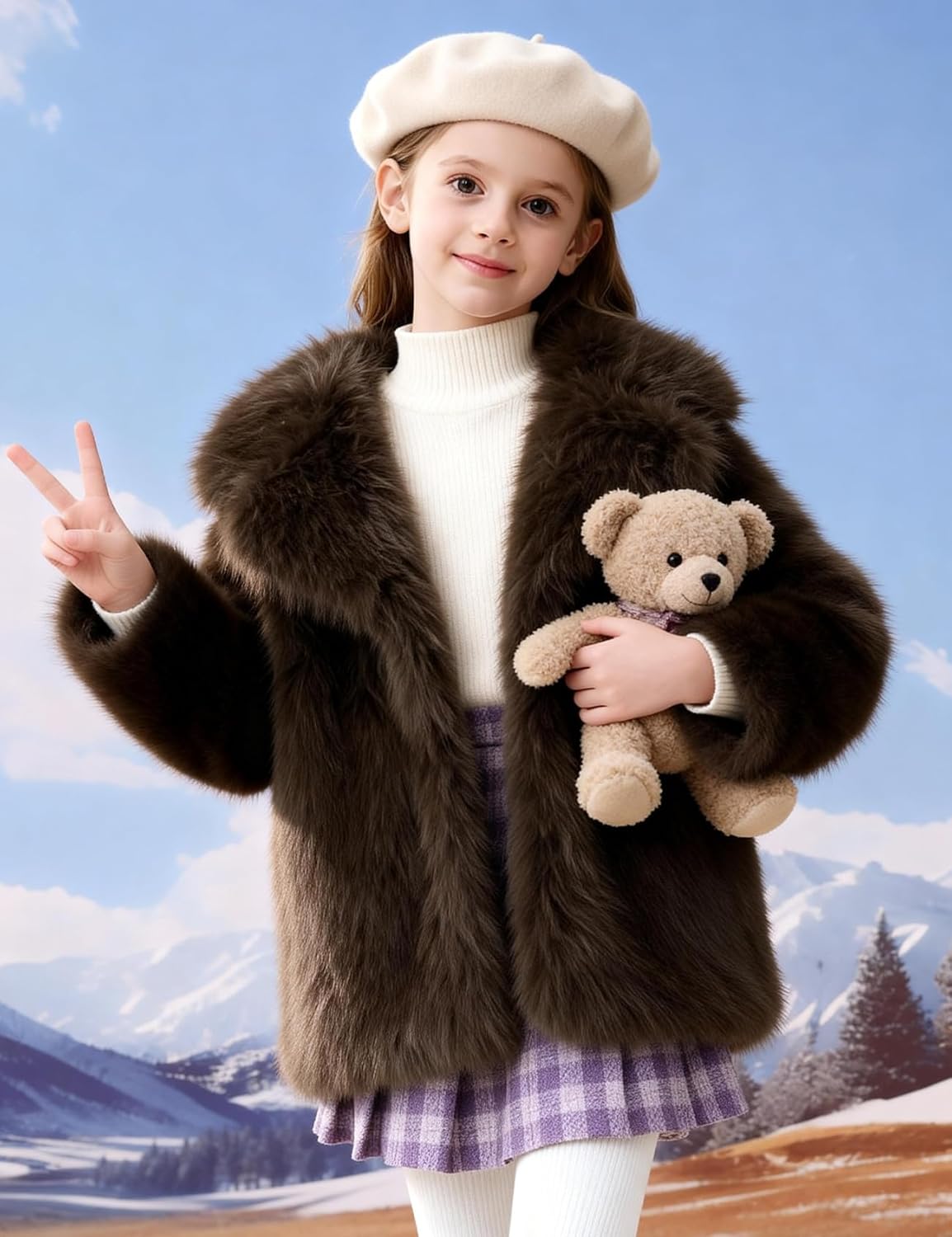 Flygo Girls Faux Fur Coat Fluffy Winter Fur Jacket Midi Lapel Long Sleeve Furry Shaggy Coats Outerwear 5-14 Years - Image 4