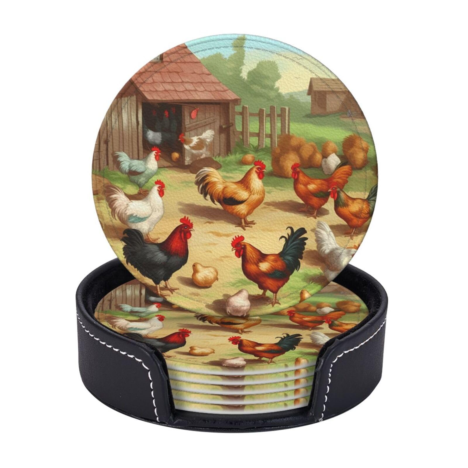 Round Coasters for Drinks Set of 6 - PU Leather Coasters with Holder - Modern Drink Coasters for Coffee Table - Roast Chicken Hen Farm Coaster for Tabletop Protection 4" Cup Mat Pad