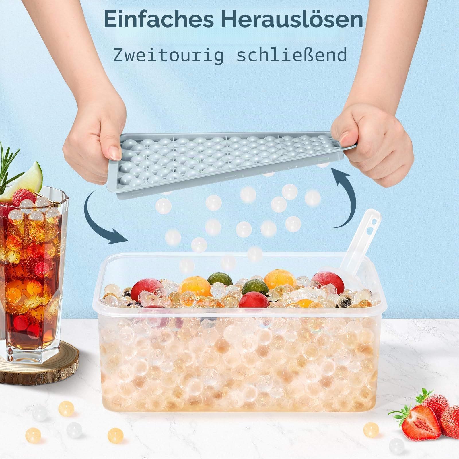 WIBIMEN Mini Eiswürfelformen, Verbesserte Runde Eiswürfelform, 104 x 4 Stück kleine Eiswürfel zum Kühlen von Getränken, Kaffee, Saft(4 Stück blaue Eiswürfelformen & Eisbehälter & Eisschaufel)