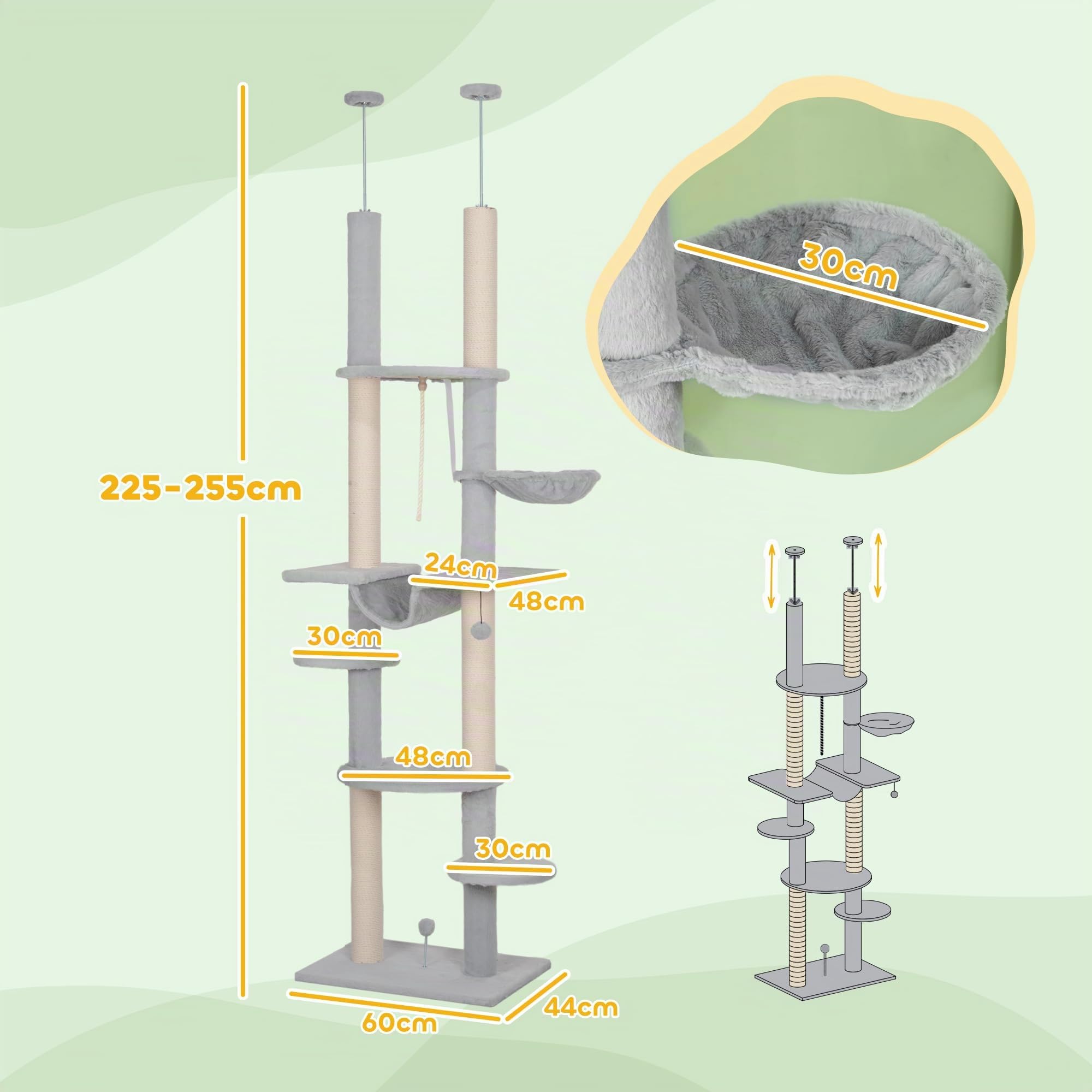 PawHut Árbol para Gatos de Suelo a Techo 225-255cm 7 Niveles Rascador Gris | Torre para Gatos, Hamacas, Plataformas, Juguete de Cuerda, Bola de Juguete