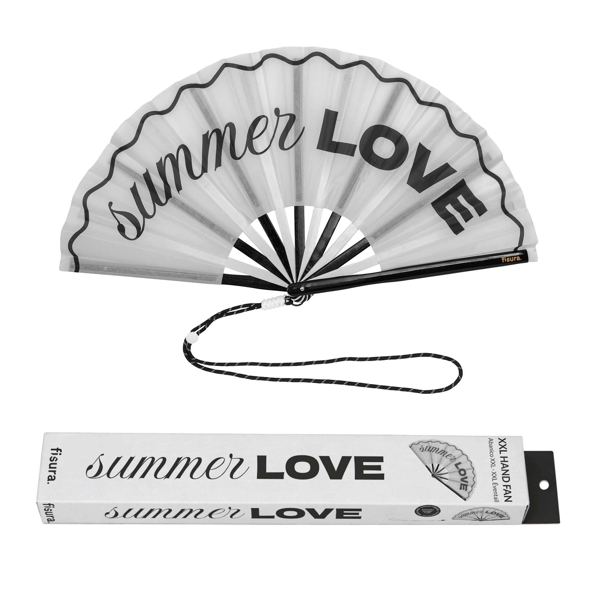 Fisura – XXL Folding Fan “Summer Love”. Large Festival Handheld Fan with Colourful Wooden Design. White Folding Fan with Holder Included. Size: 25.2 × 13 in.