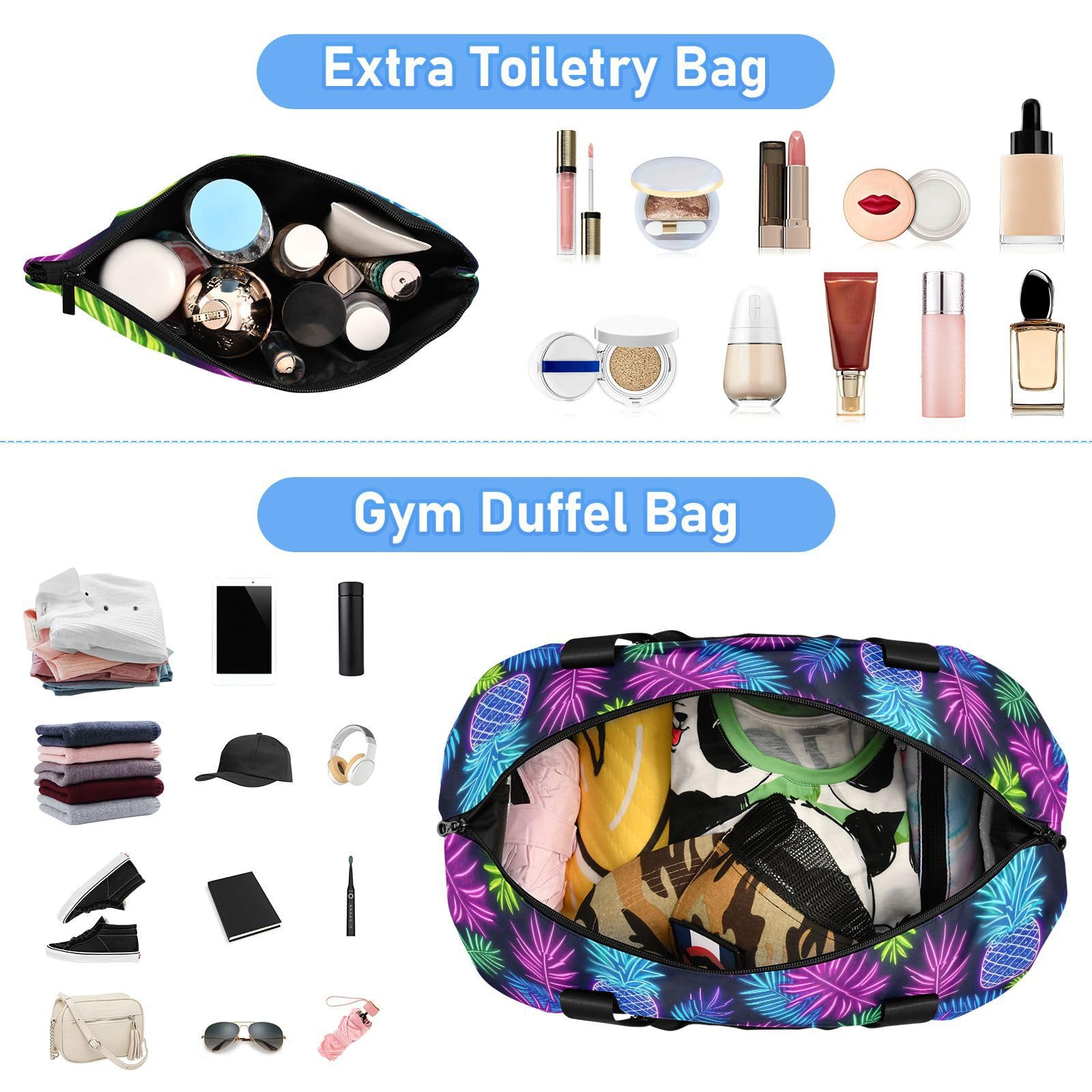 Bolsa de transporte grande de hoja de piña de neón con bolsillo húmedo con correa ajustable, bolsas de lona para viajes, plegable para hombres y mujeres
