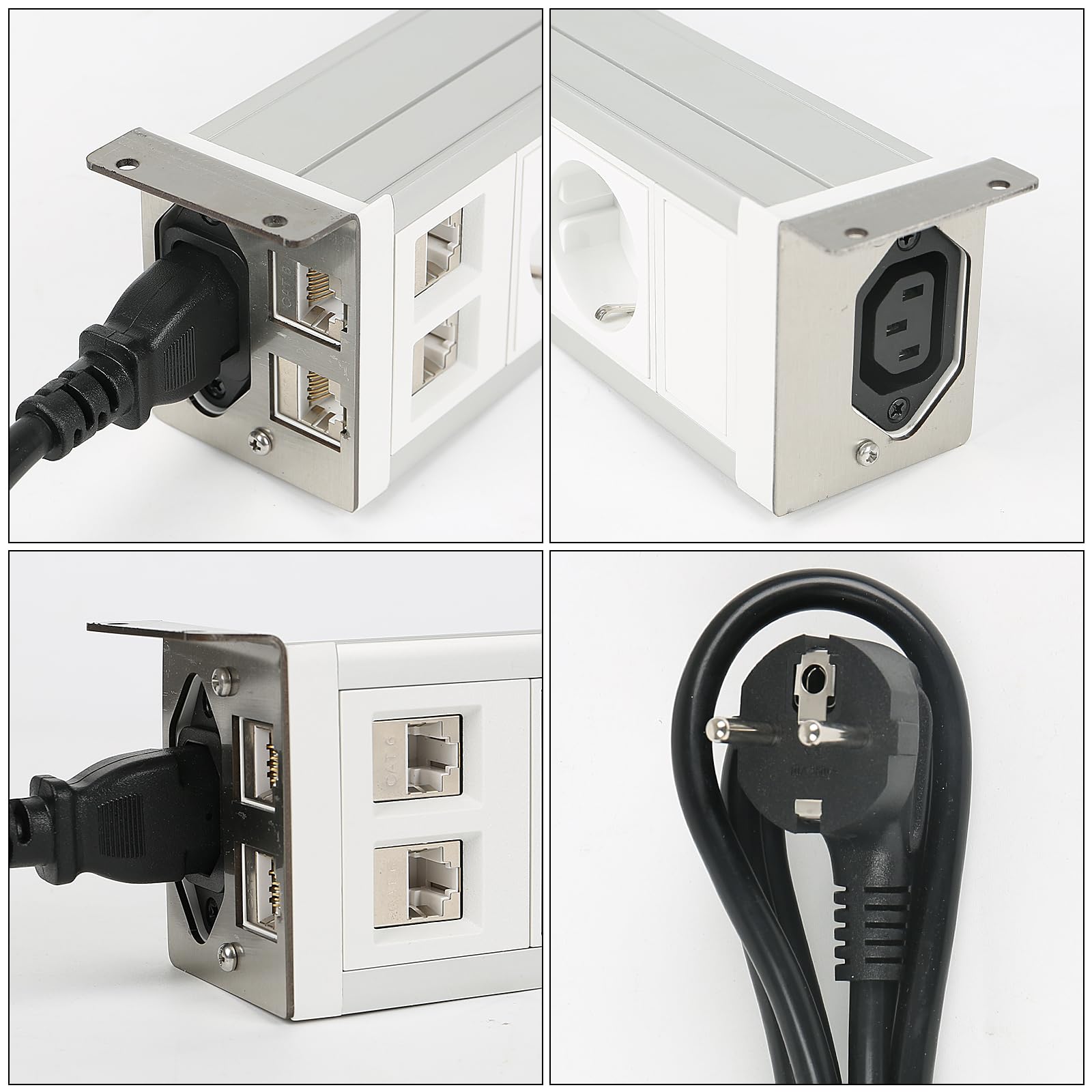 Multiprise sous le plan de travail, multiprise 4 prises avec 2 câbles RJ45 et 1,5 m, prise pour meubles ou plans de travail