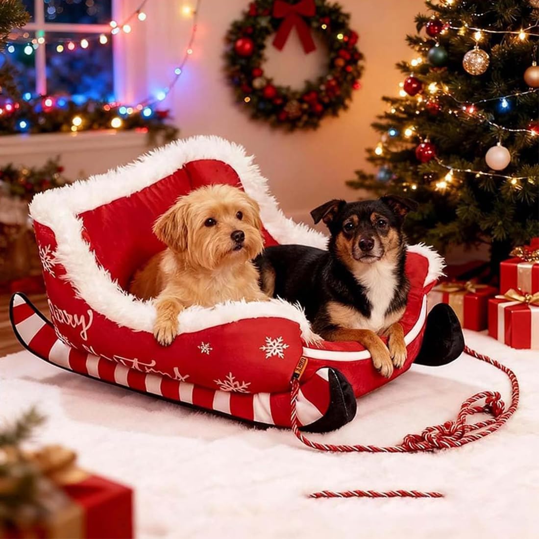 Weihnachts Schlitten Haustierbett aus Plüsch für Hunde & Katzen (Braun,L)