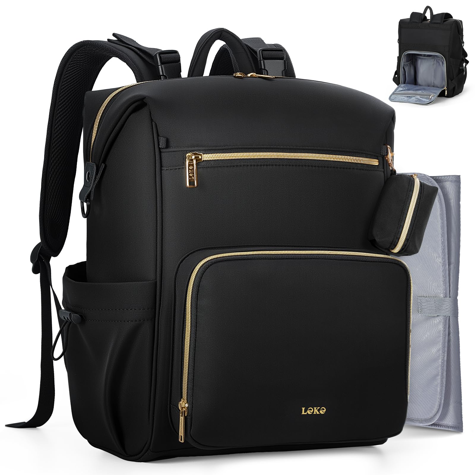 Lekesky Mochila Carro Bebe, Mochila Cambiador Bebe con Cambiador y Correas para Cochecito, Bolsa para Pañales Multifuncional con Soporte para Chupetes y Compartimento Antirrobo para Mamá y Papá,Negro