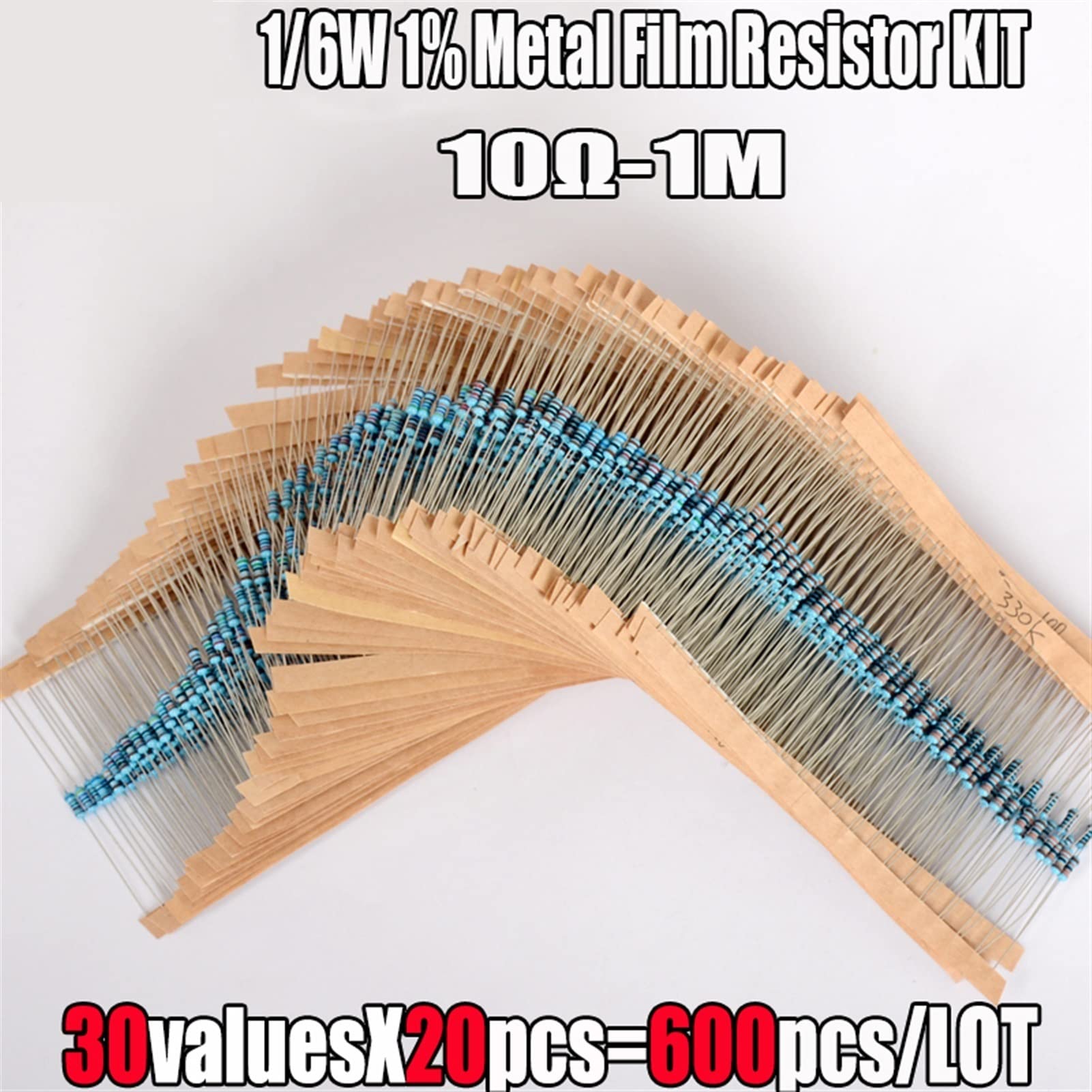 600 pz/Set 1% Resistore a Film Metallico Kit 10 Ohm - 1M Ohm Resistore Set Assortito (Size : 1-2W 300PCS)