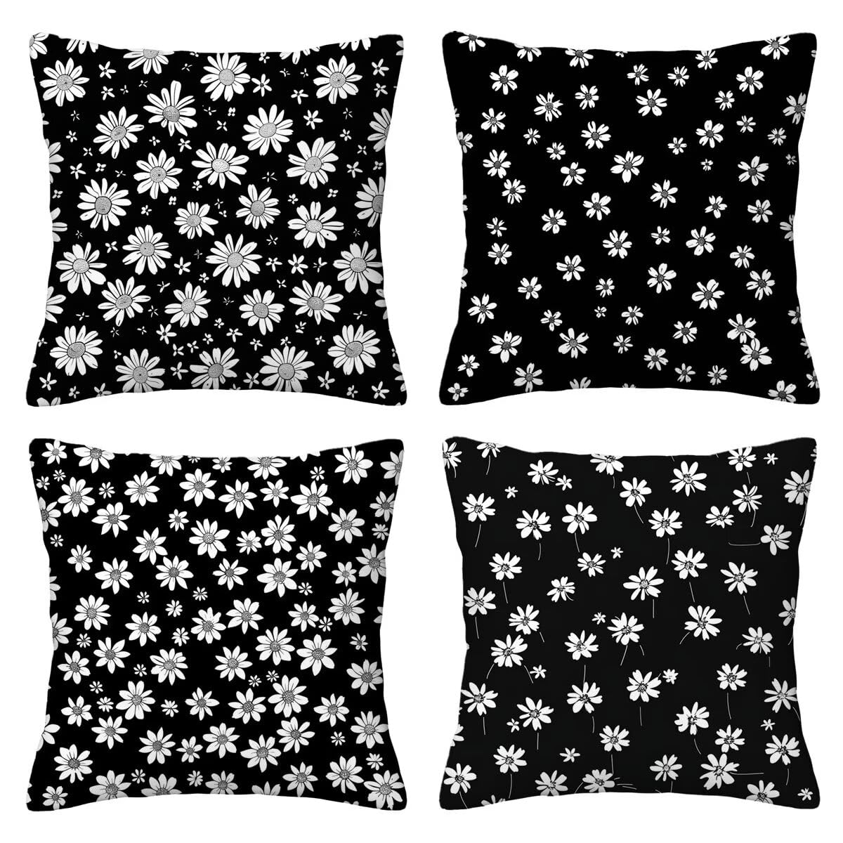 Housse de coussin 60x60 cm lot de 4 en velours imprimé chrysanthème noir et blanc H-224