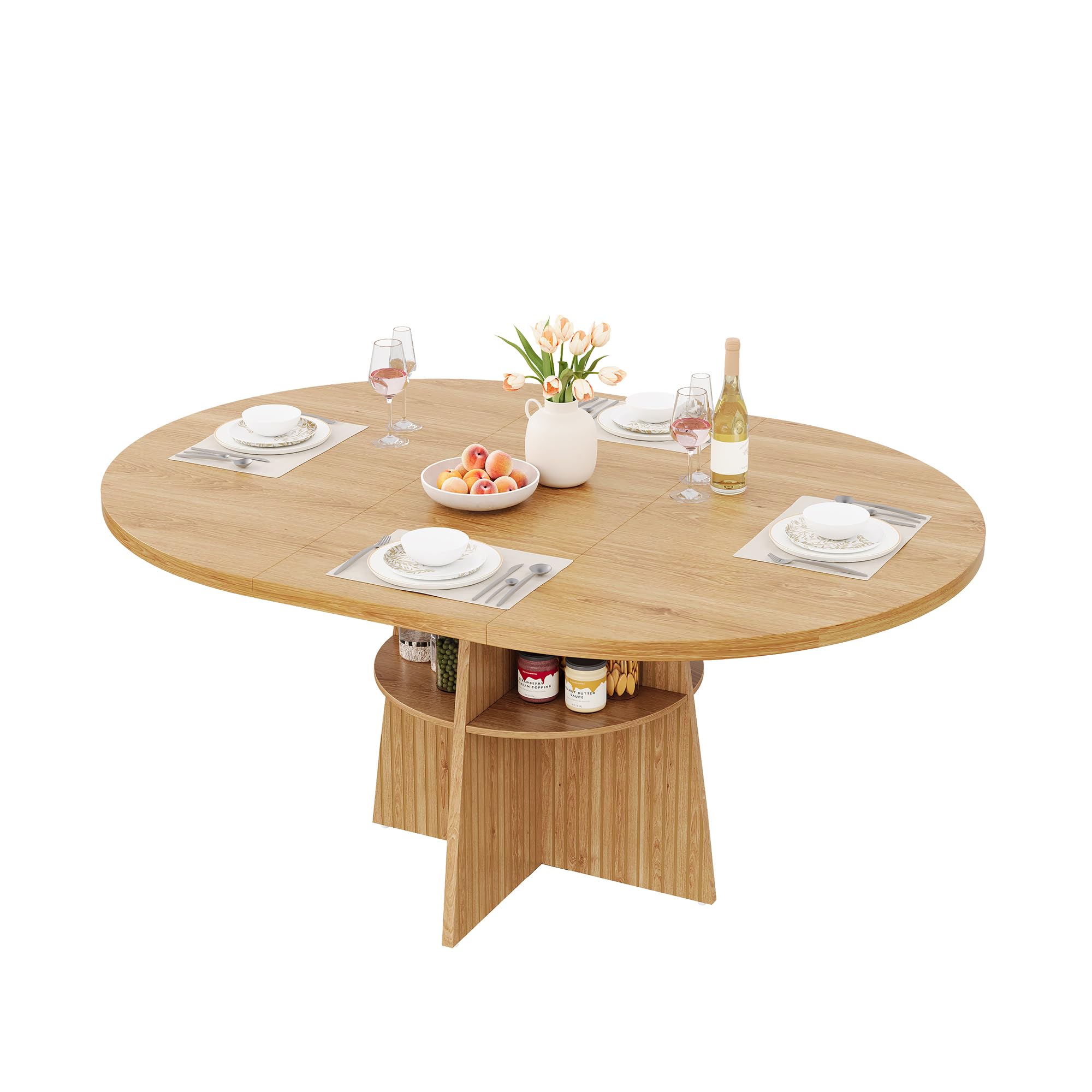 Mesa de comedor redonda extensible, 110-150 x 110 x 77,5 cm, ahorra espacio, para 2-8 personas, con tablero extensible y estante integrado, mesa moderna de madera en aspecto natural, natural