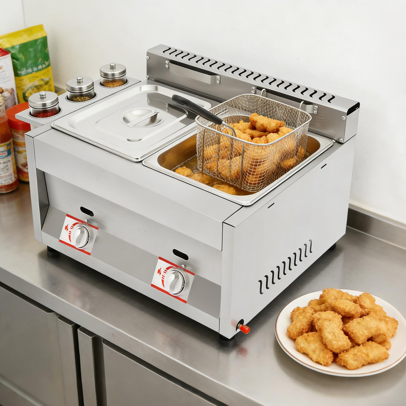 Friggitrice Professionale Doppia Vasca 12L, Friggitrice a Gas con 2 Bruciatori e Controllo Indipendente, Friggitrice per Ristorante Commerciale con Coperchi e Cestello Antiscottatura, Inox 430