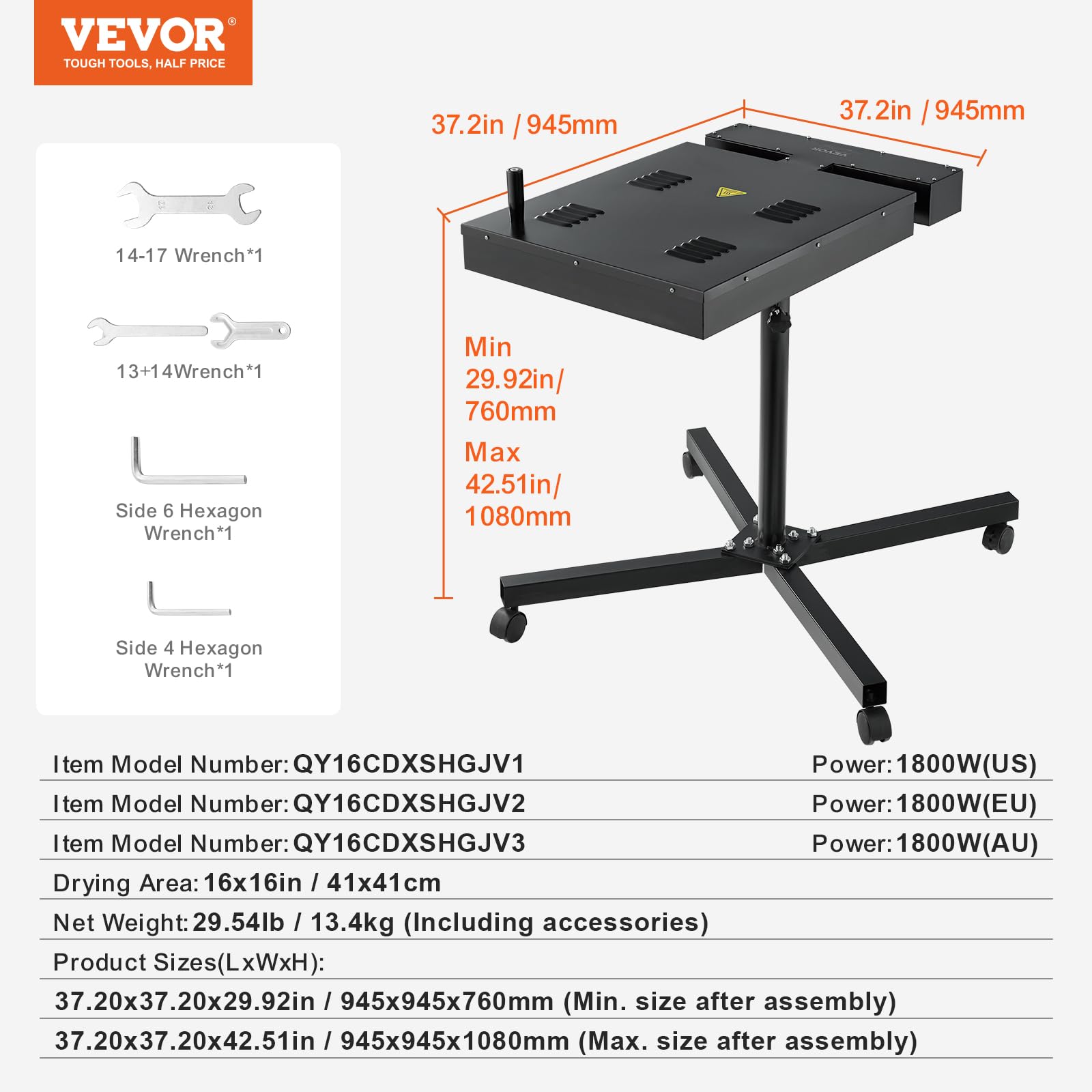 VEVOR Essiccatore Flash, Essiccatore 16 x 16 Pollici per Serigrafia, Essiccatore per Serigrafia ad Alta Potenza Regolabile in Altezza, Rotazione a 360°, Base a Forma di X, in Acciaio