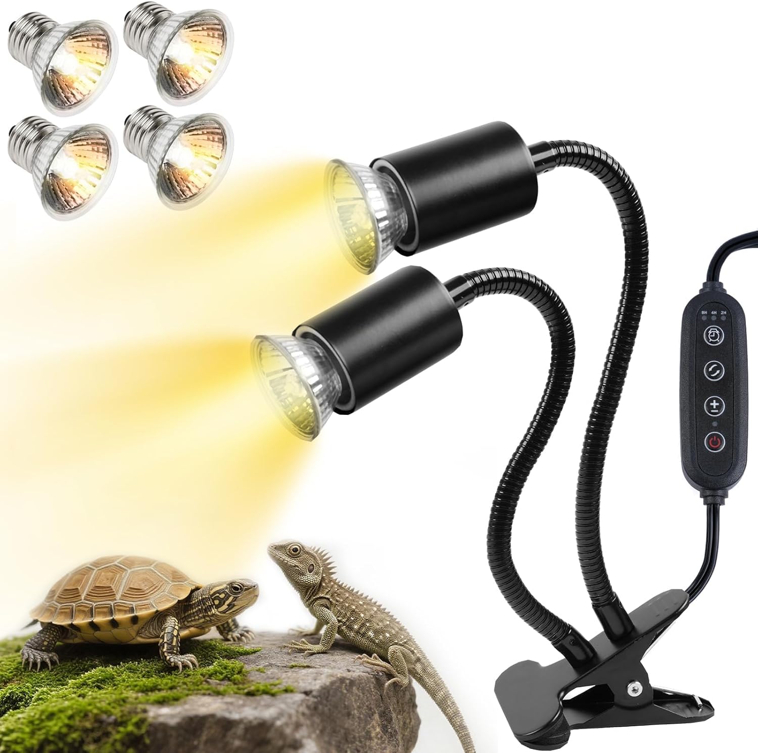 Turtle Basking Light (Cycle Timer), Tortoise Lamp UVA UVB Heat Bulbs -2 Pack 50W+ 2 Pack 25W, 360°Rotatable Turtle UVA/UVB Basking Heat Light Bulb for Lizard, Beared Dragon