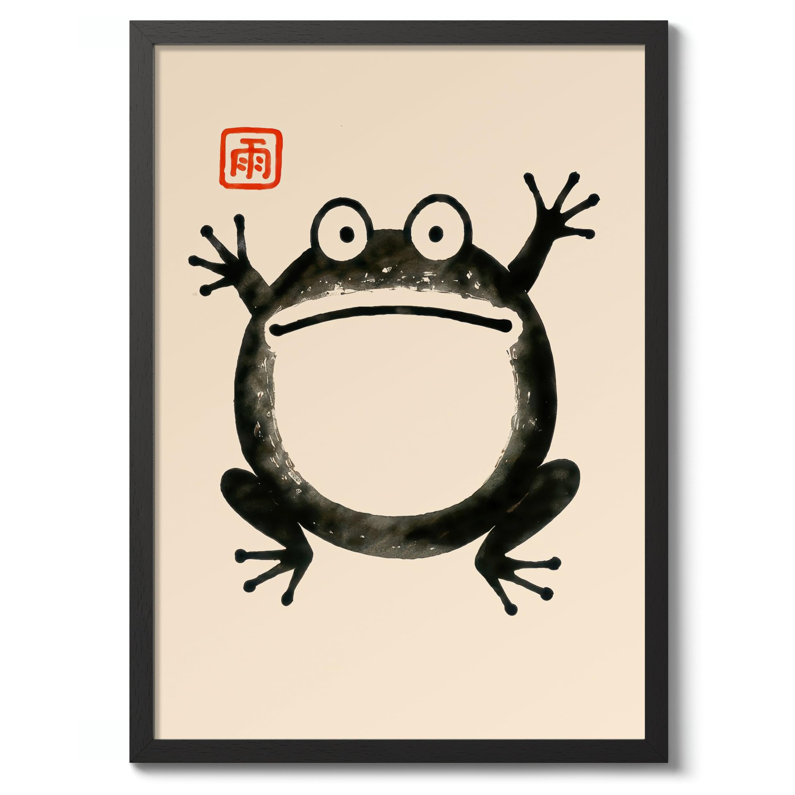 Round Frog Poster, Japanese Woodblock Painting, Matsumoto Hoji Style Wall Art, A3 (Black Frame) - 45x32.8cm — image 1