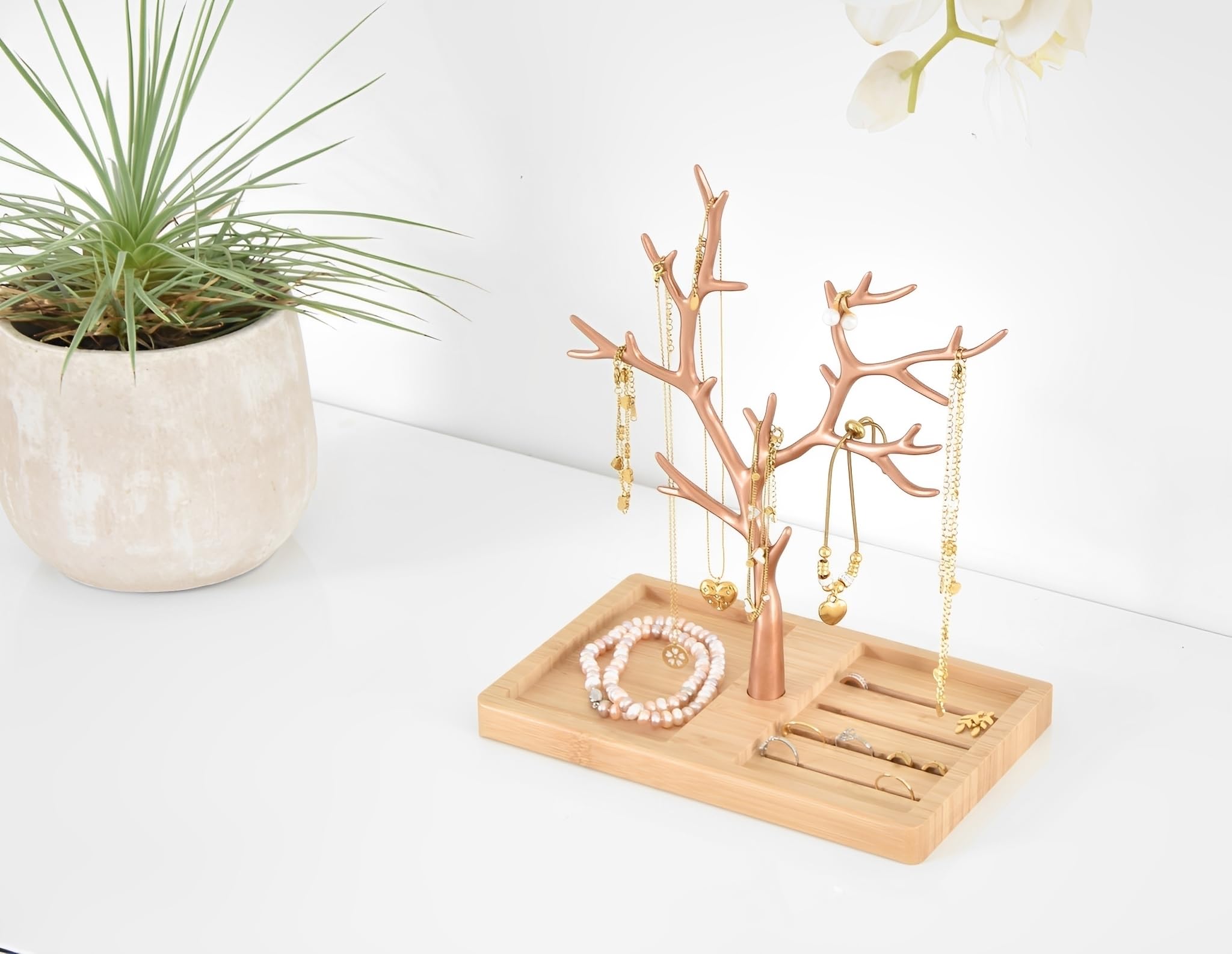 Sieradenhouder rosegoud - Sieradenboom met houten voet