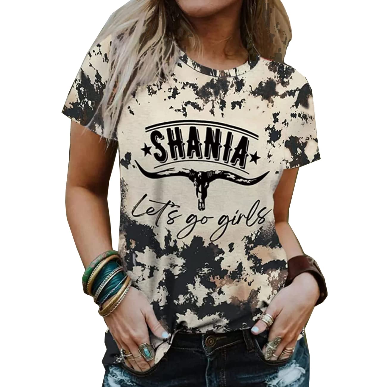 MAOGUYUNCountry Music T-Shirts Women Retro Steer Skull Western Shirt Let's Go Girls Country Concert Tees Cowgirl Casual Tops