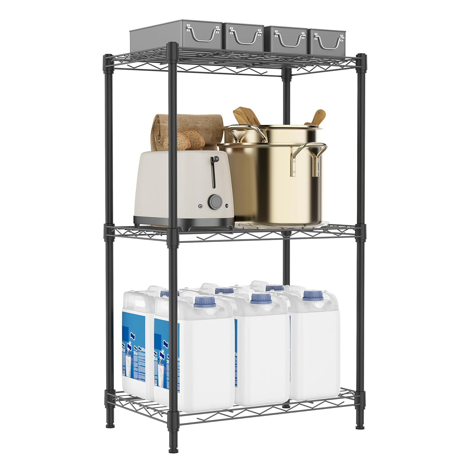 3 Tiers Shelf Metal Storage Shelves Wire Rack Closet Organizers with Wheel for Garage Kitchen Bathroom Laundry Black