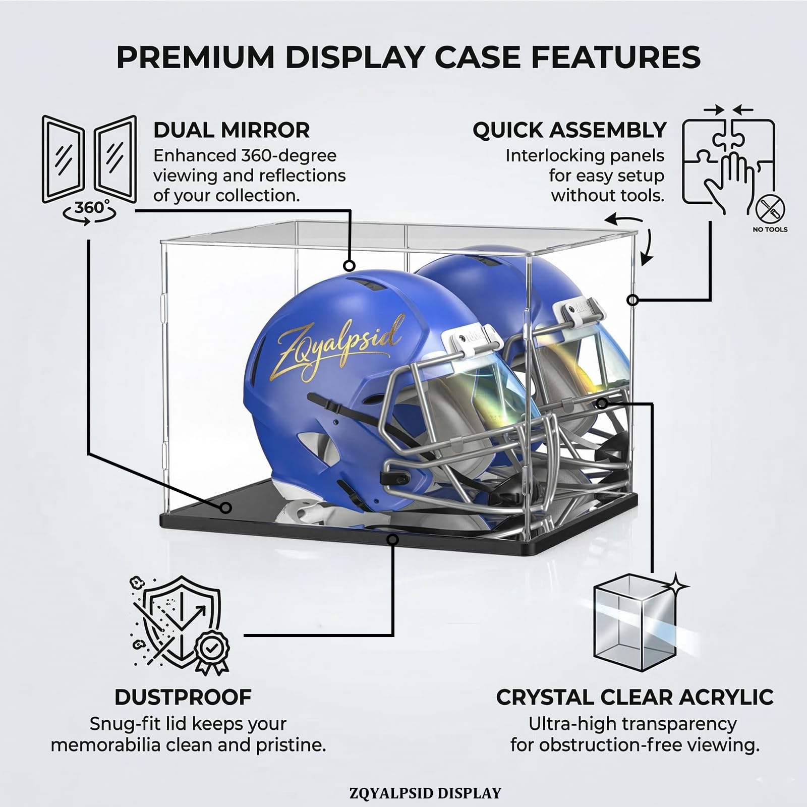 Vitrina acrílica para casco de fútbol, béisbol y motocicleta, caja de exhibición transparente con doble espejo y base negra, vitrina a prueba de polvo para coleccionables de tamaño completo (14.9