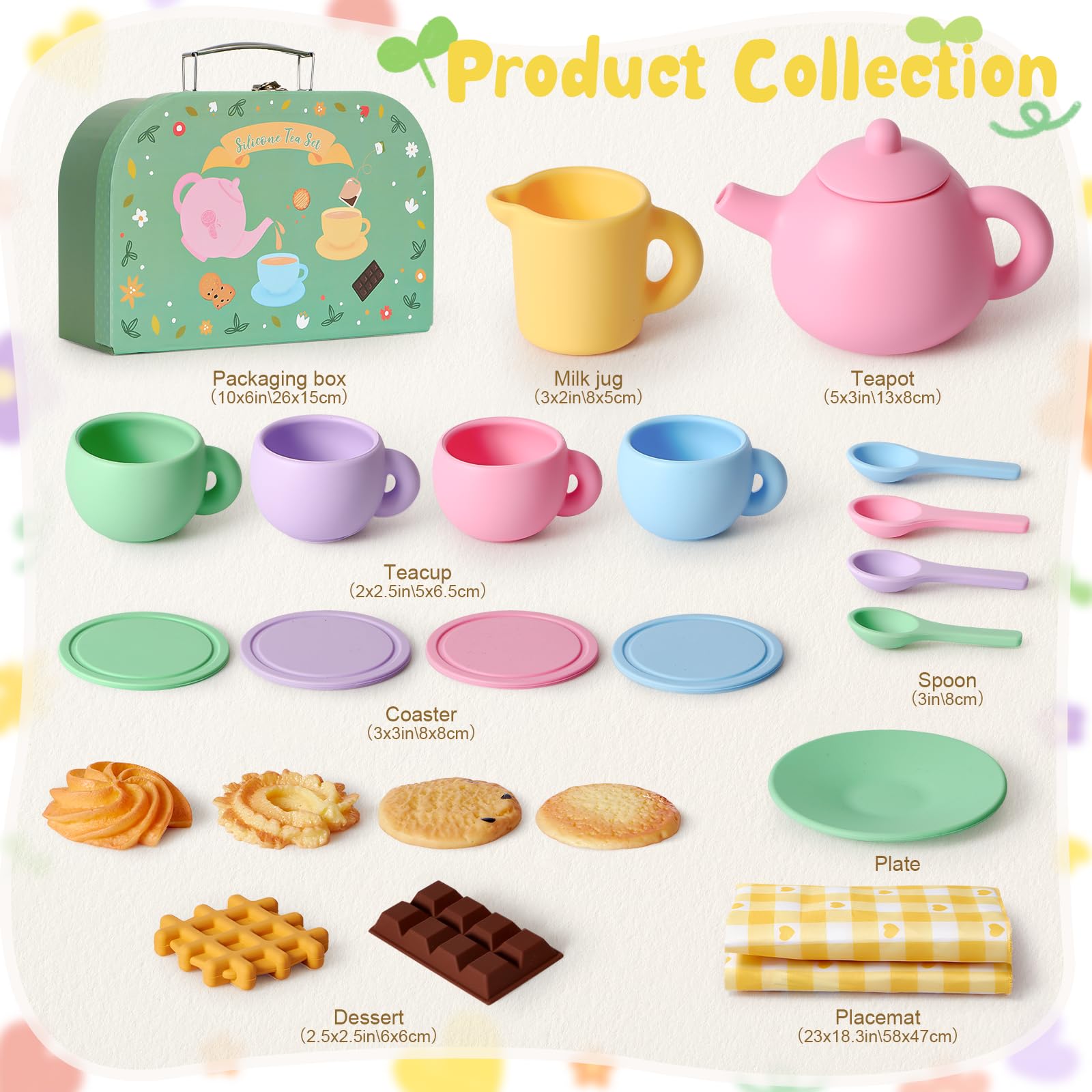 G.C Silikon Teeservice Kinder Spielzeug Kinderküche Zubehör mit Teekanne, Tassen, Teller, Löffel, Süßen Desserts, Teeparty Rollenspiele, Küchenspiele, Geschenke für Mädchen Jungen 3 4 5 6 7+ Jahre