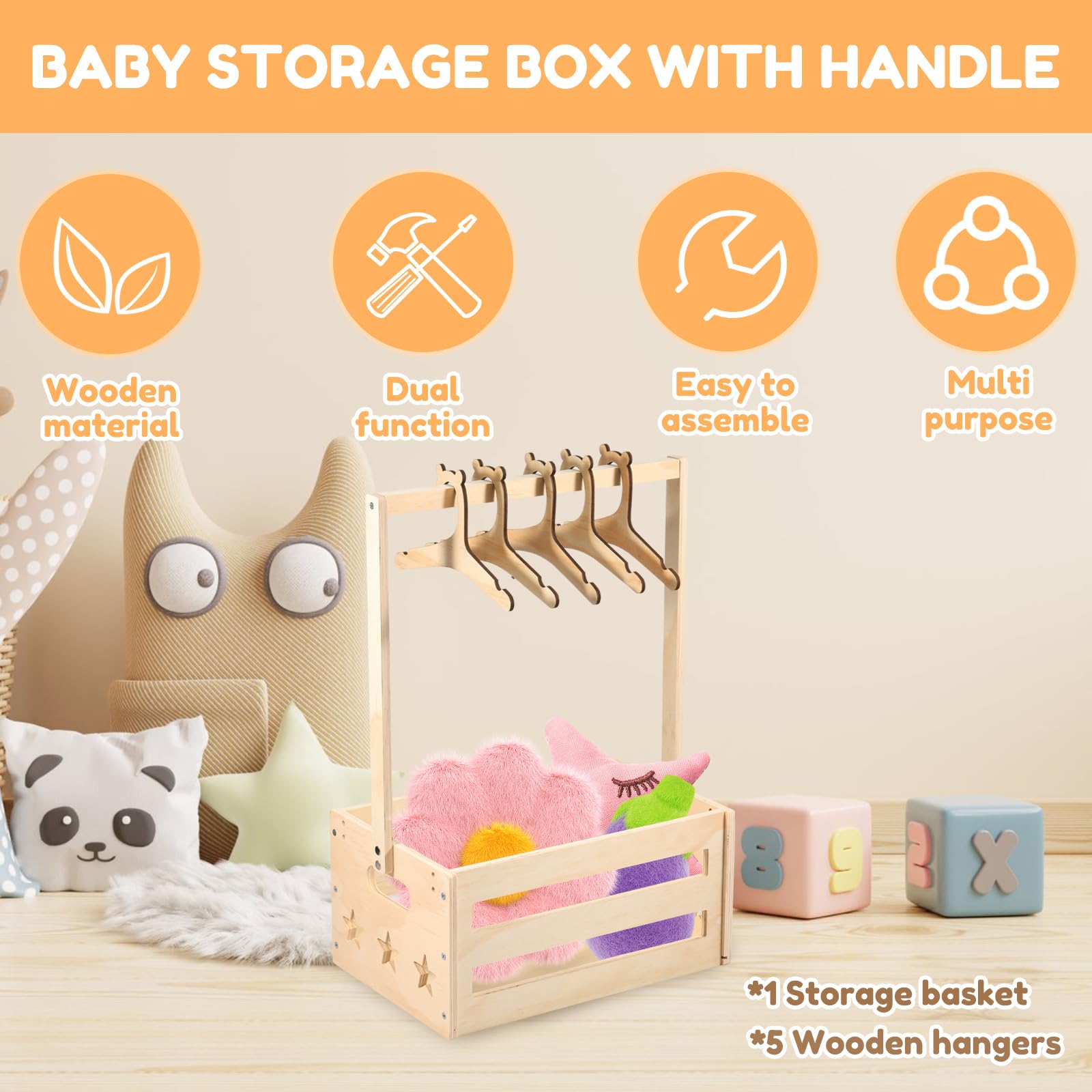 ZJRDYYK Wooden Baby Shower Crate Closet, Baby Storage Crate with Handle, Wood Basket for Baby Shower Gifts, Baby Shower Wooden Basket, Wooden Shower Party Crate Closet (with 5 Hangers)