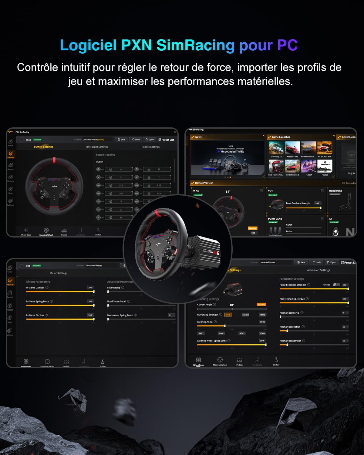 PXN VD6 Base de Volant Direct Drive – Couple de 6 Nm, Retour de Force Haute Précision, Moteur Servo à Faible Inertie Professionnelle – Base de Volant de Jeu pour PC