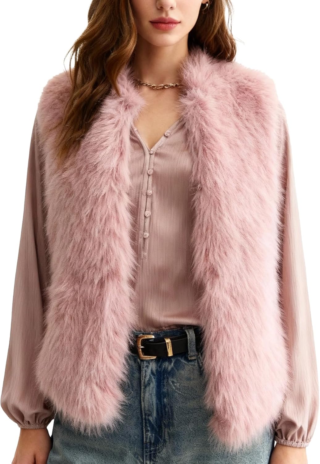 Flygo Faux Fur Vest Women Sleeveless Faux Fur Jacket Furry Open Front Cardigan Top Fluffy Winter Vest Outerwear