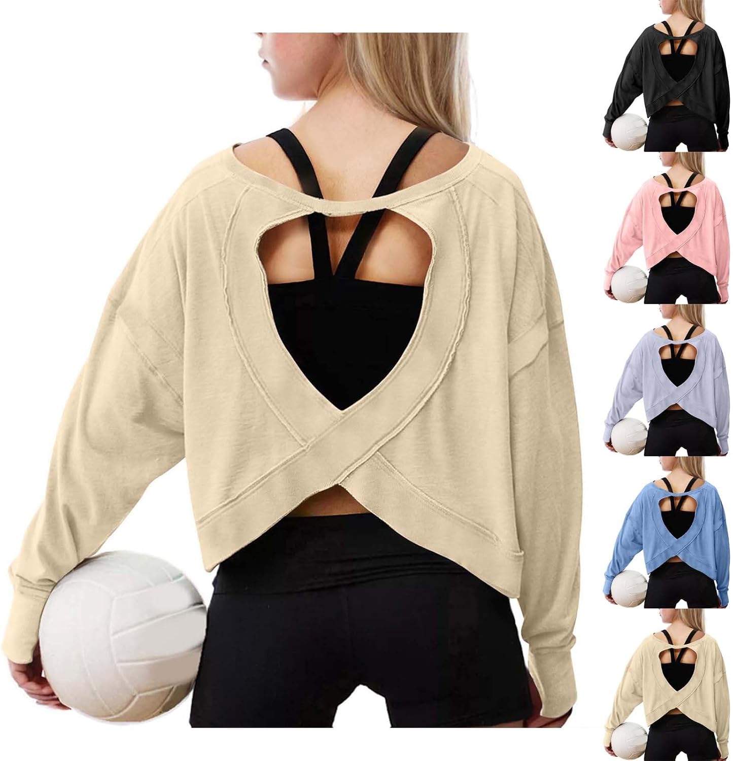 Girls Workout Shirts Long Sleeve Cross Back Cut Out Tops Backless Oversized Blouses Loose Athletic Tops Gym Yoga Tees