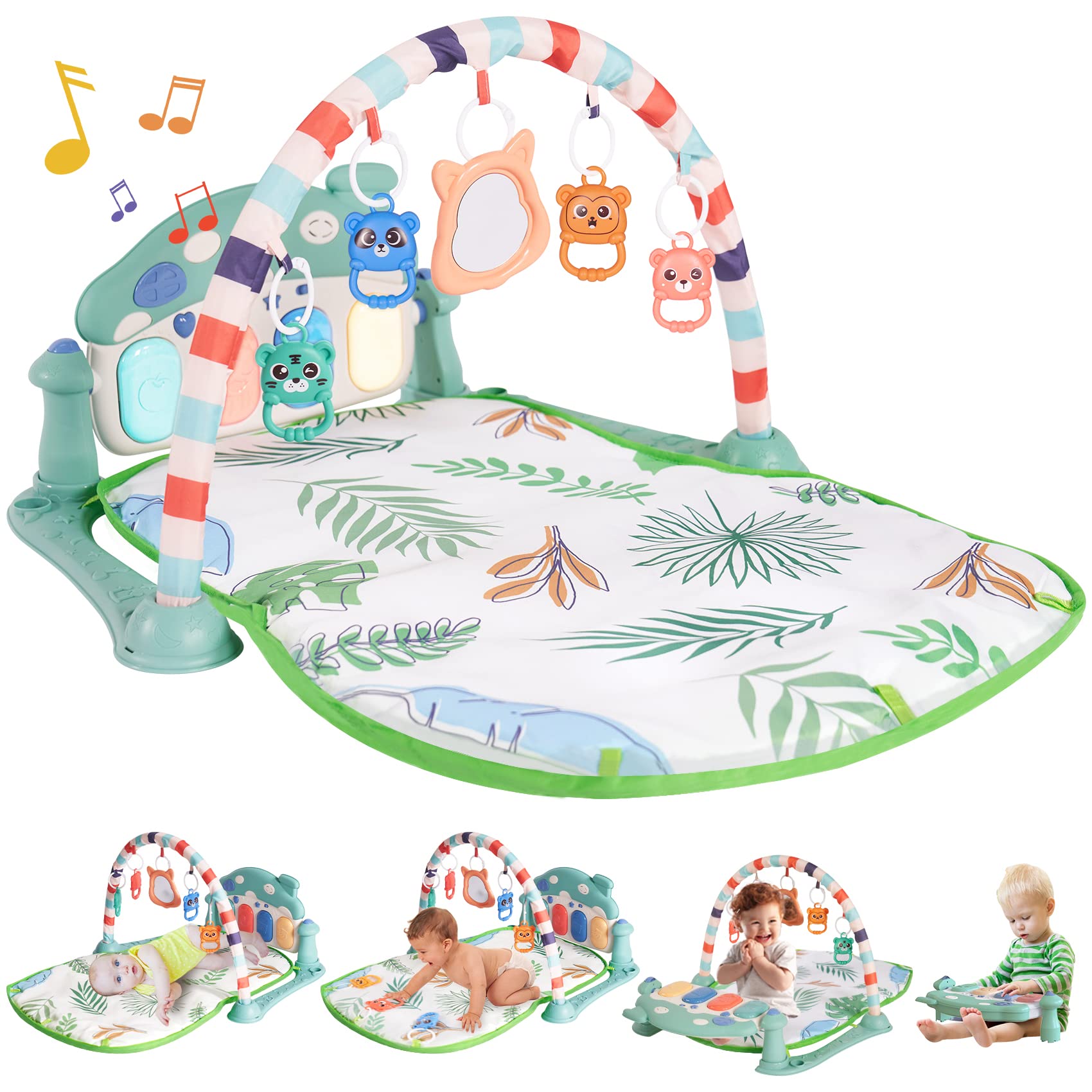 Piano Gym Music Tummy Time Padded Mat with 5 Sensory Toys, Baby Play Gym for Newborn Infant 0 to 3 6 9 12 Months Leaf Baby Play Mat Baby Gym