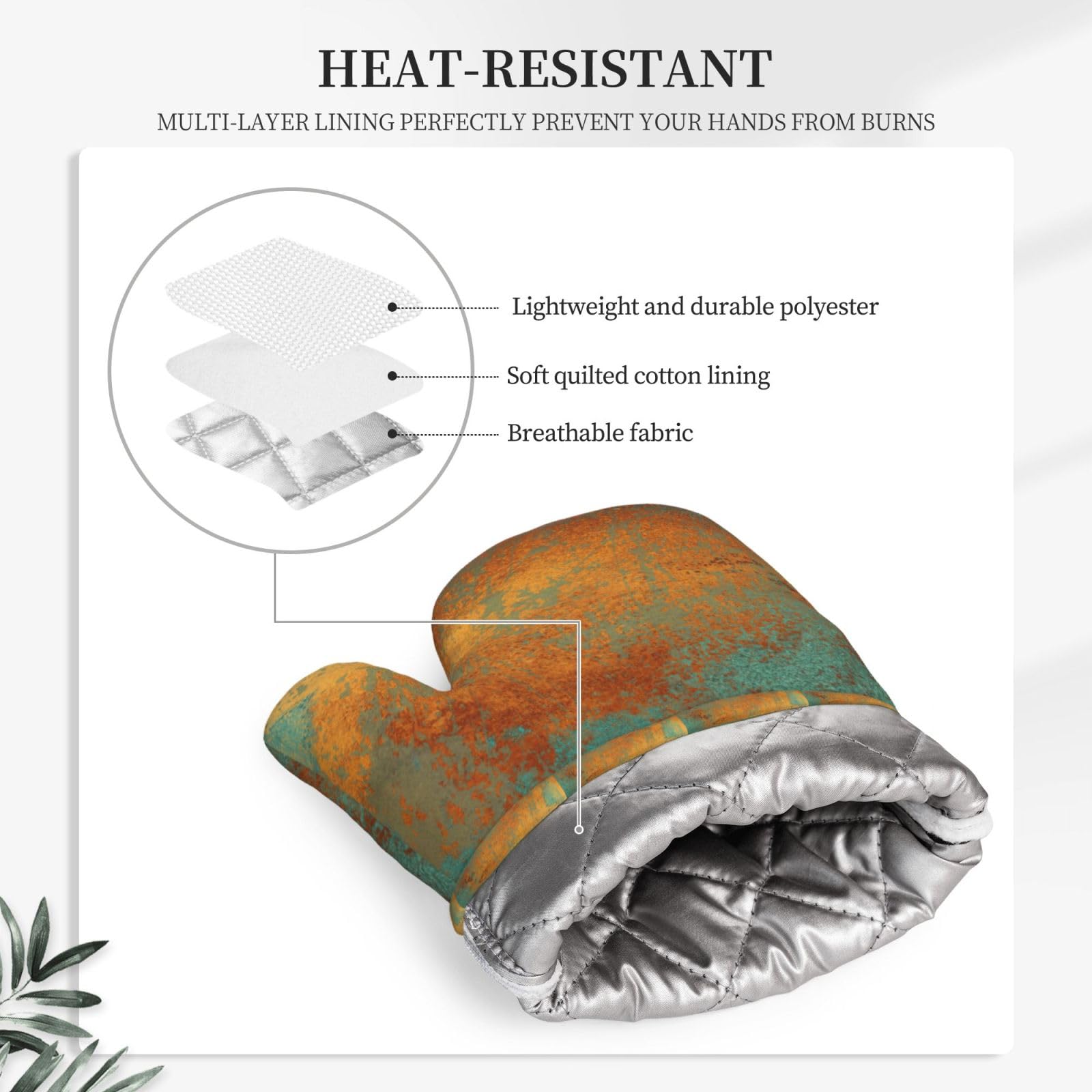 Juego de Cuatro Piezas de Guantes y Manoplas Resistentes al Calor para Hornear, Guantes de Cocina Antideslizantes, Manoplas para Horno, Elegante Acabado metálico con pátina de Cobre Intenso.