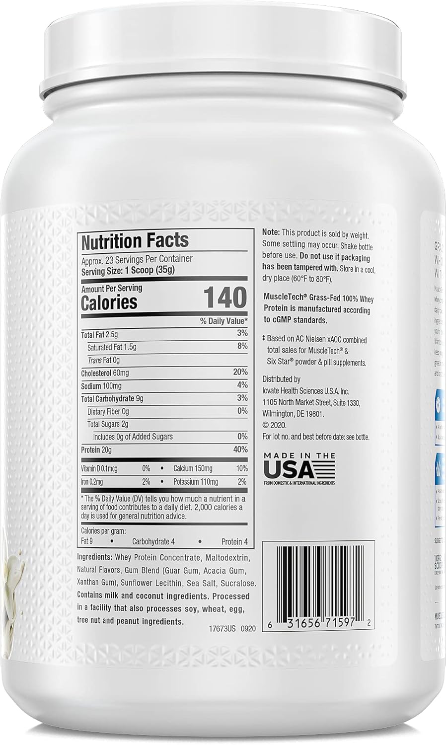 Grass Fed Whey Protein | MuscleTech Grass Fed Whey Protein Powder | Protein Powder for Muscle Gain | Growth Hormone Free, Non-GMO, Gluten Free | 20g Protein + 4.3g BCAA | Deluxe Vanilla, 1.8 lbs : Everything Else