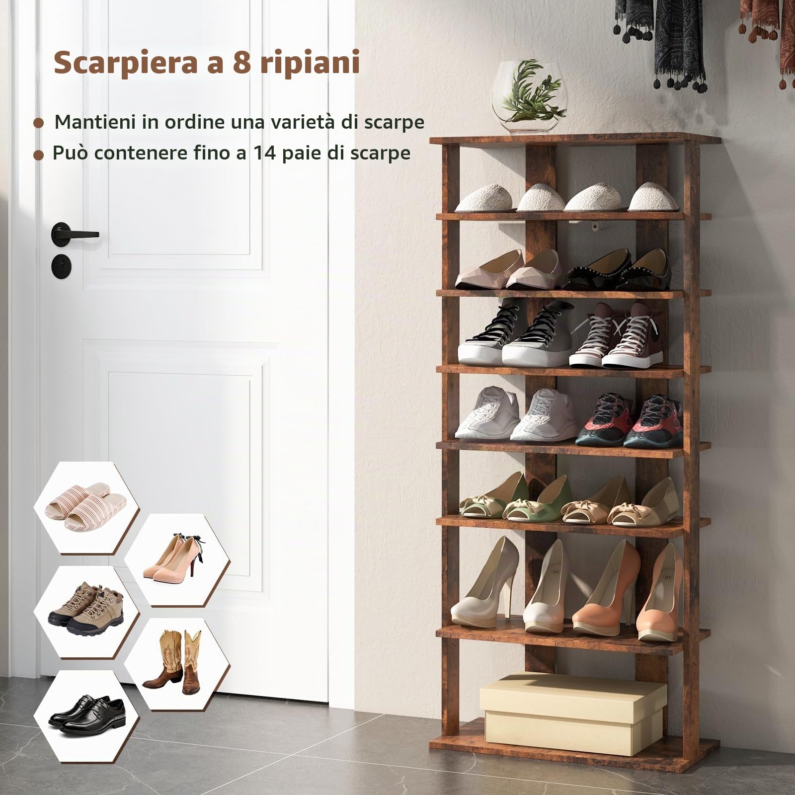 GIANTEX Scarpiera da Ingresso, Portascarpe a 7 Ripiani, Scaffale per 7/14 Scarpe, in Legno, Stretto e Compatto per Salvaspazio, 2 Size di 27,5x26,5x110 cm e 45x25x110 cm (Marrone, L)