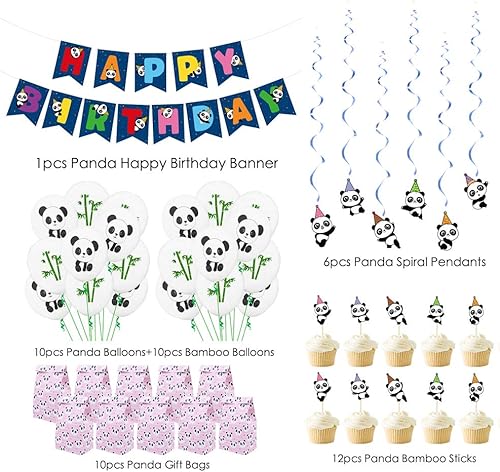 Miniatura 2 de 61 piezas de suministros de decoración de fiesta de cumpleaños de panda, temática de oso panda, globos de bambú de panda, bolsas de regalo,