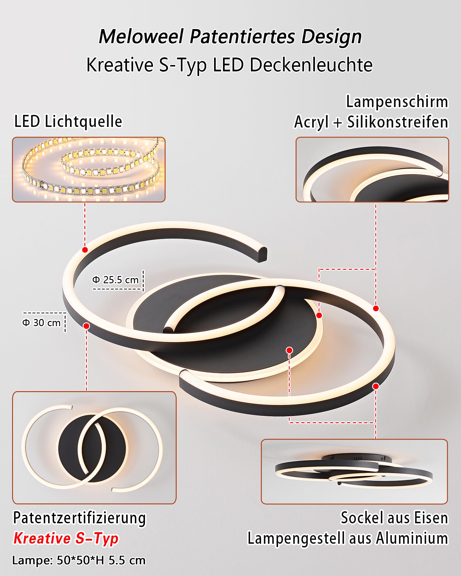 LED Deckenleuchte Dimmbar schwarz „S“ 2-Ringe, 50cm 32W Farbtemperatur 3000-6000K, Helligkeit 3-32W, Mit Fernbedienung/Mobile APP, Für Schlafzimmer, Wohnzimmer, Mit Memory-Funktion, 3W Nachtlicht