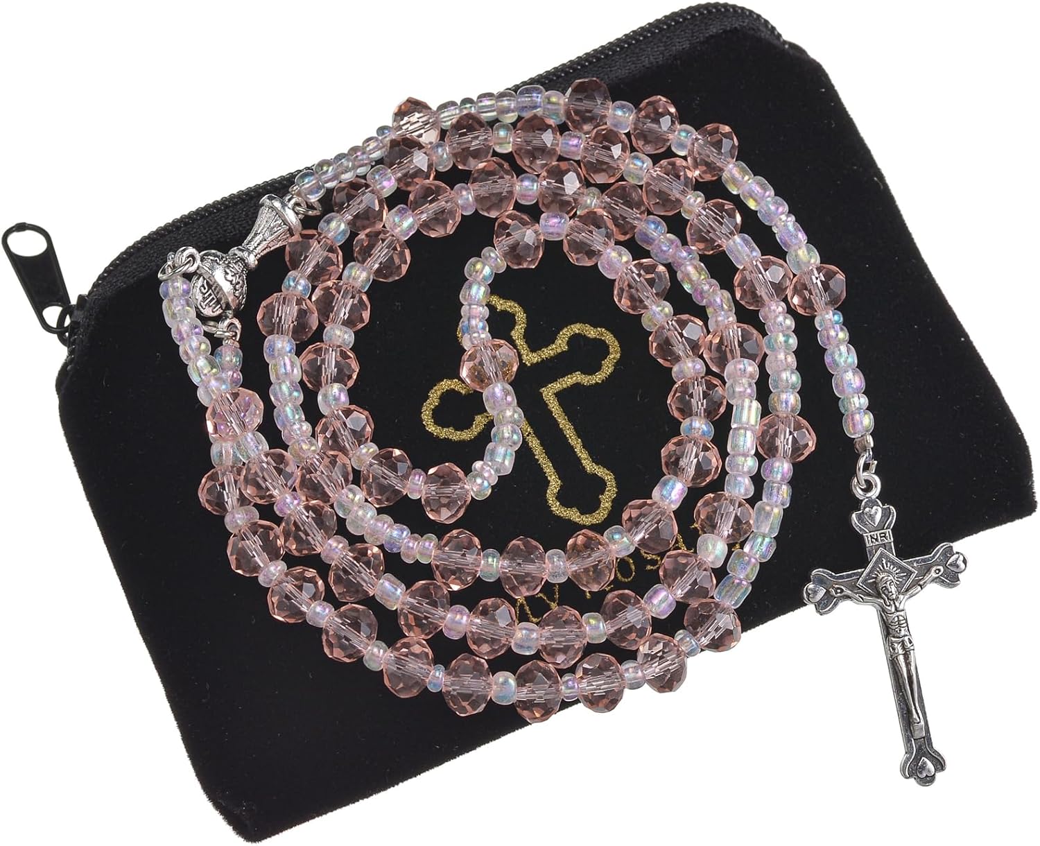 Bead Rosary Necklace Alloy Beads String Crystal Golden Chain Luxuriant Jewelry Spiritual Amulet with Crucifix Cross First Baptismt Gift for Women Girls