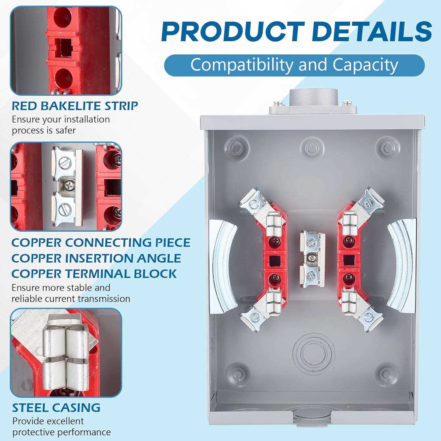 Relaxweex 125a, 4 Jaw Meter Base Meter Socket, 13.8 x 8.7 x 4.3 Inch, 600v 1 Phase 3 Wire Ringless Type, with Horn Bypass, Suitable for Overhead/Underground Feed