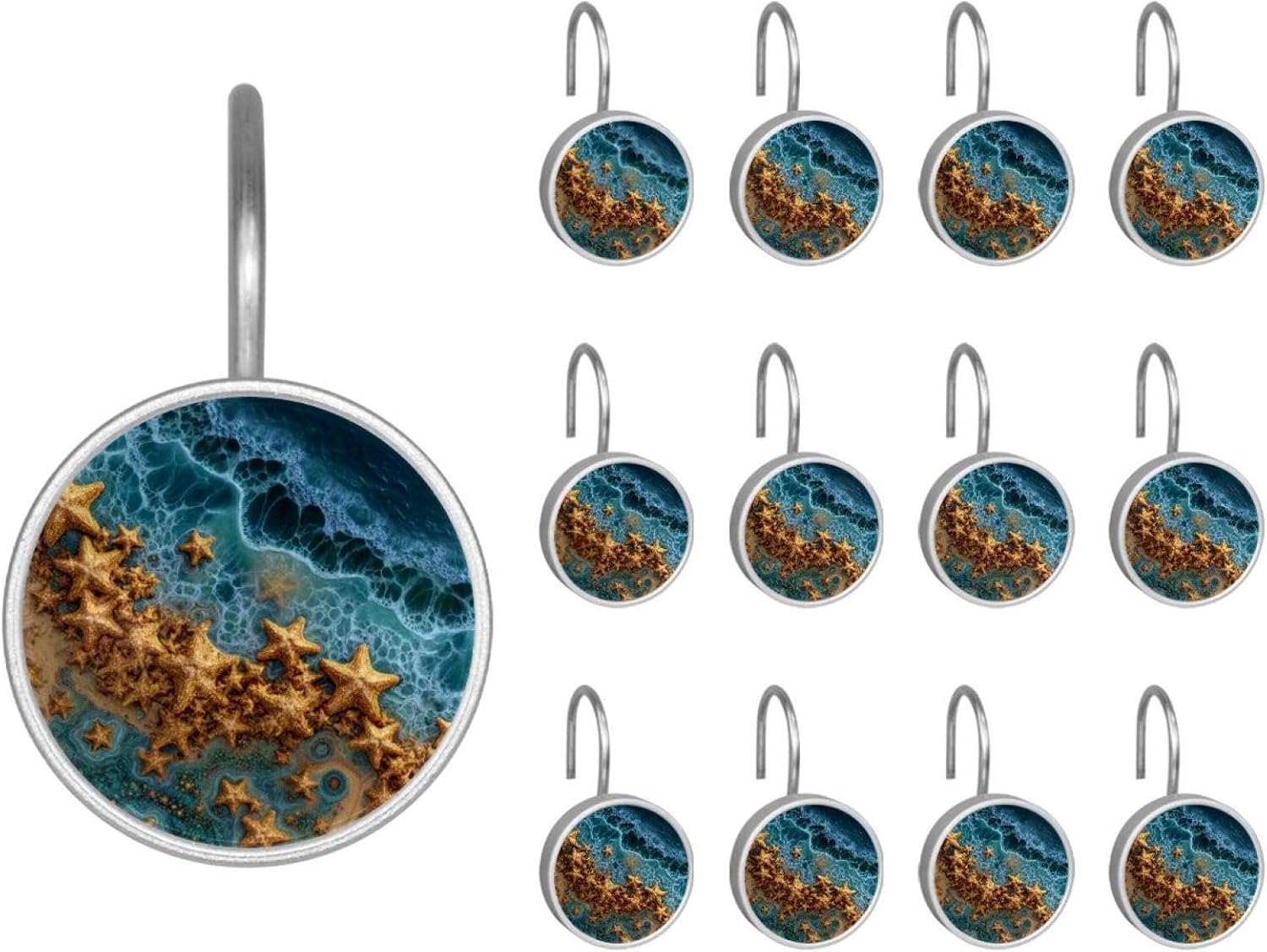 12 Pcs Round Shower Curtain Hooks Stainless Steel Decorative Hanger Rings for Bathroom Kitchen Bedroom Curtain Rods, Starfish Beach (1)