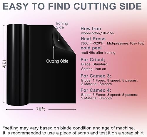 Miniatura 2 de XSEINO Rollo de vinilo de transferencia de calor, rollo de vinilo HTV negro de 12 pulgadas x 70 pies con teflón para camisas, rollo de vinilo para