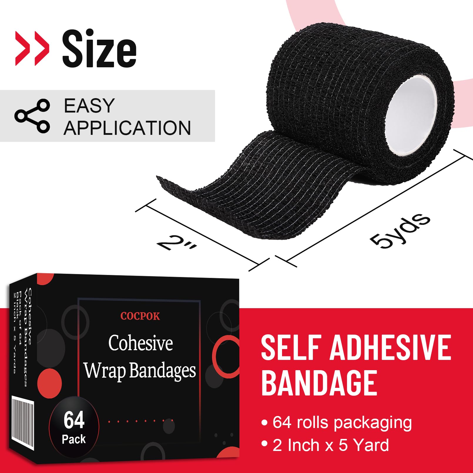 Selbstklebende kohäsive Bandagen, 64 Stück, schwarzes Sportband, selbstklebende Bandage, 5,1 cm x 4,5 m, elastische kohäsive Bandage, atmungsaktiv, Größe S