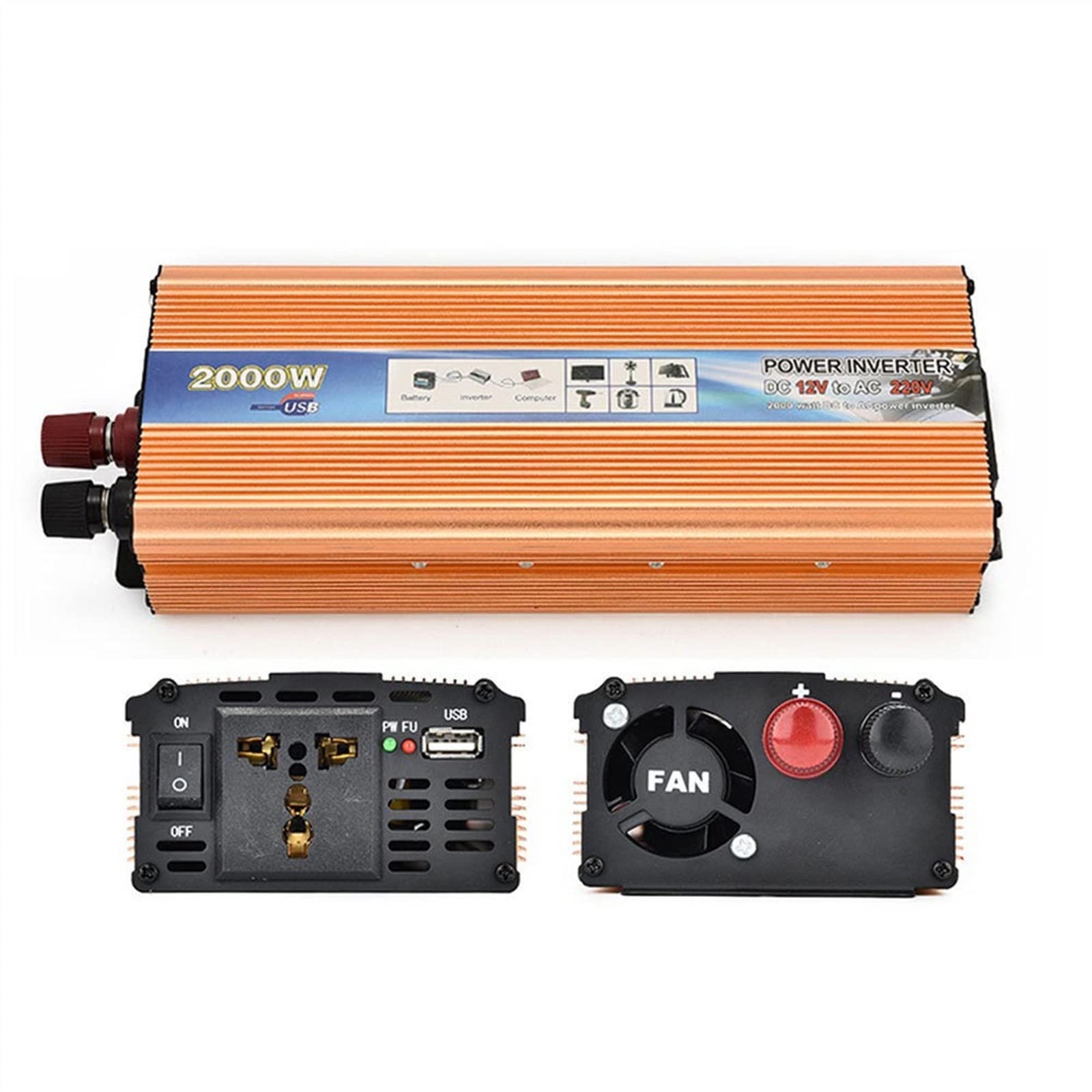 CUDTAPI Modified Sine Wave Power Inverter Adapter From 12V To 220 Inverter Sine Wave 2000W Car Inverter 12V 220 Uninterruptible Power Supply 220 To The House(2000W Gold,Onecolor,60Hz)
