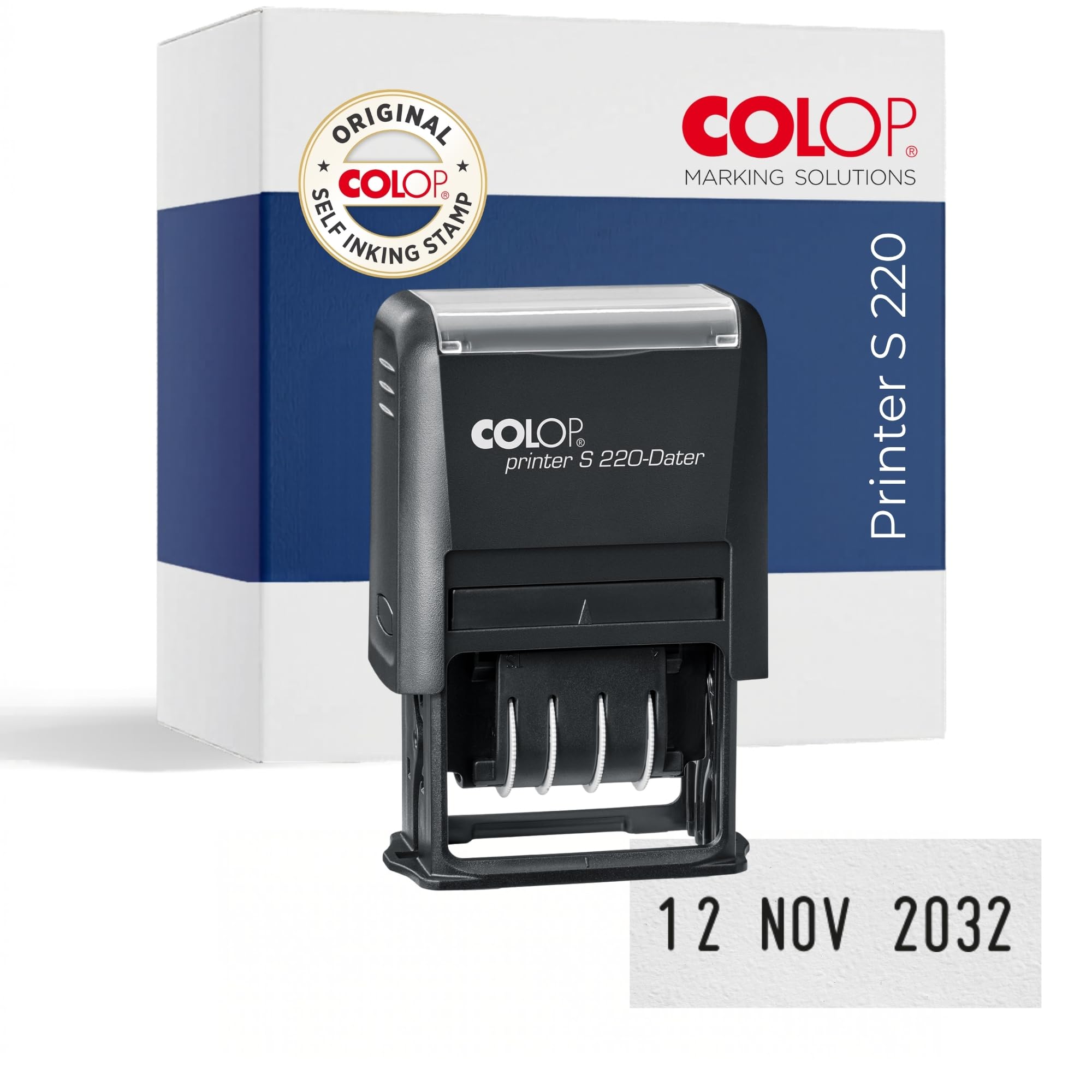Tampon dateur COLOP Printer S 220 | Date FR | Noir | 12 ans | Mini tampon avec date en français (12 ans) et encre noire. Idéal pour le bureau, le secrétariat et la comptabilité.