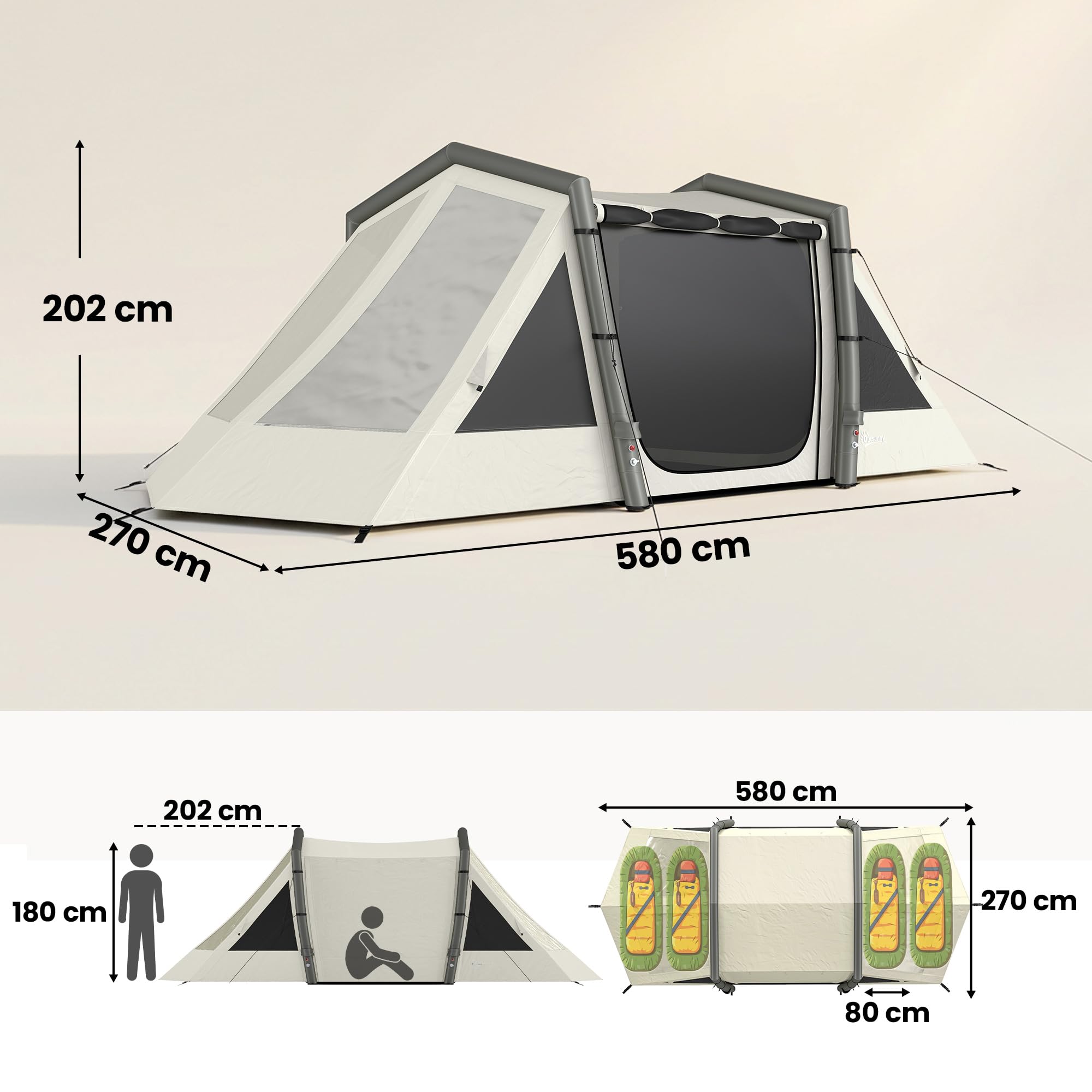 Outsunny Aufblasbares Zelt für 4 Personen mit schnellem Aufbau, verdunkelnd, Camping Zelt mit 2 Schlafzimmern, Vorraum, Fluoreszierende Fenster, Bodenplane und Heringen, wasserdicht Air Glamping Zelt