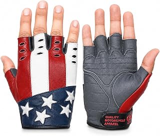 Daniel Smart Goatskin Leather Motorcycle Gloves for Men Fingerless Biker Gloves with American Flag and Reflective Star Design