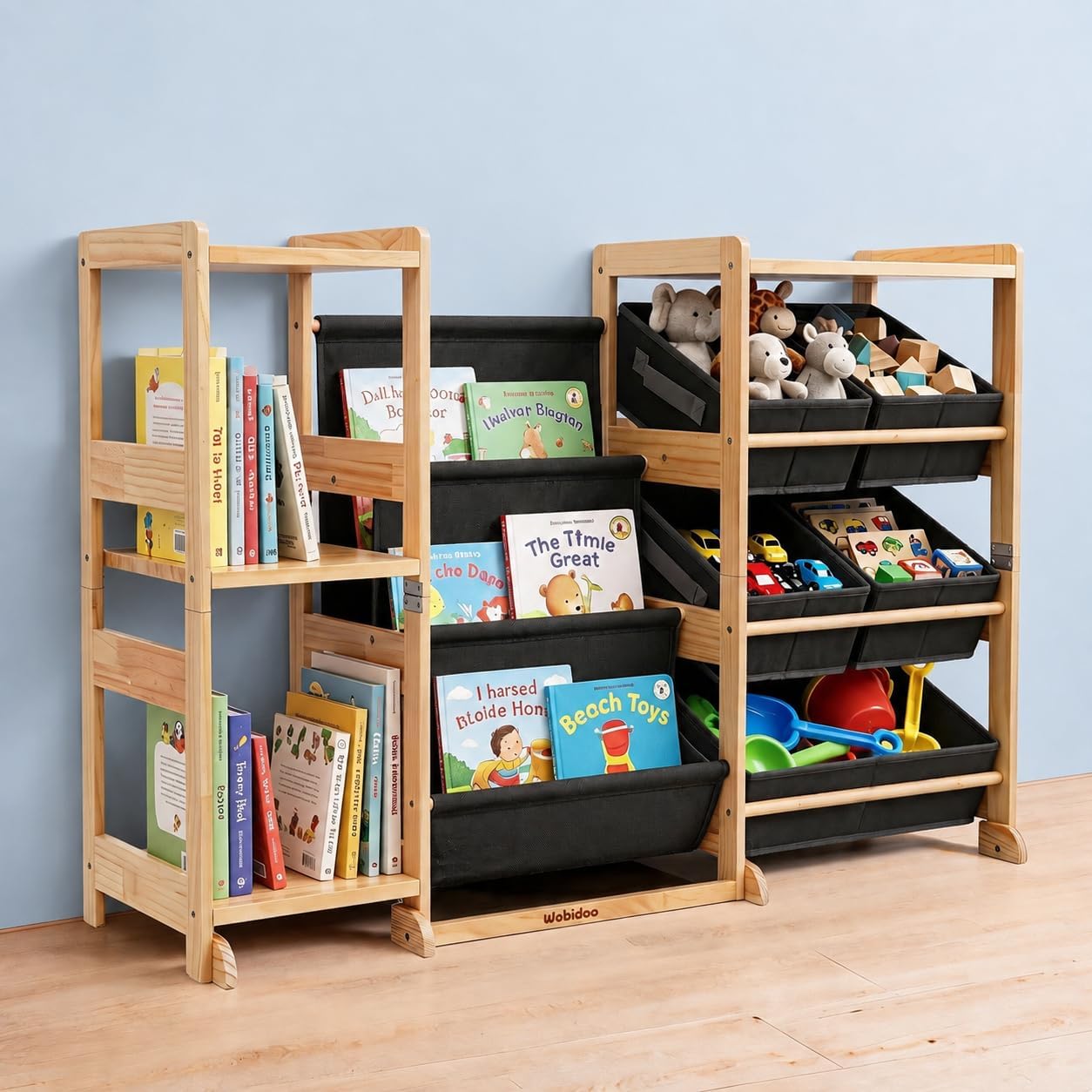 Kids Bookshelf & Toy Storage Organizer with 5 White Bins
