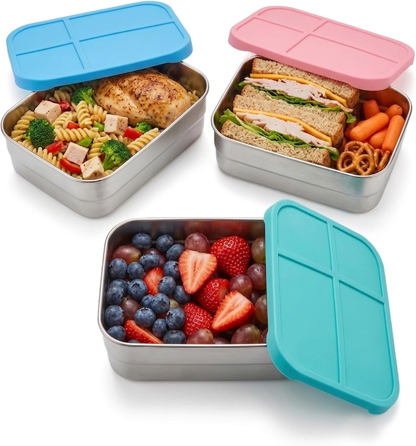 3 Pack 25oz Stainless Steel Sandwich Containers with Silicone Lids, Leak Proof Metal Food Storage Bento Box for Adults Office Work and Meal Prep, 720ml Reusable Snack Container