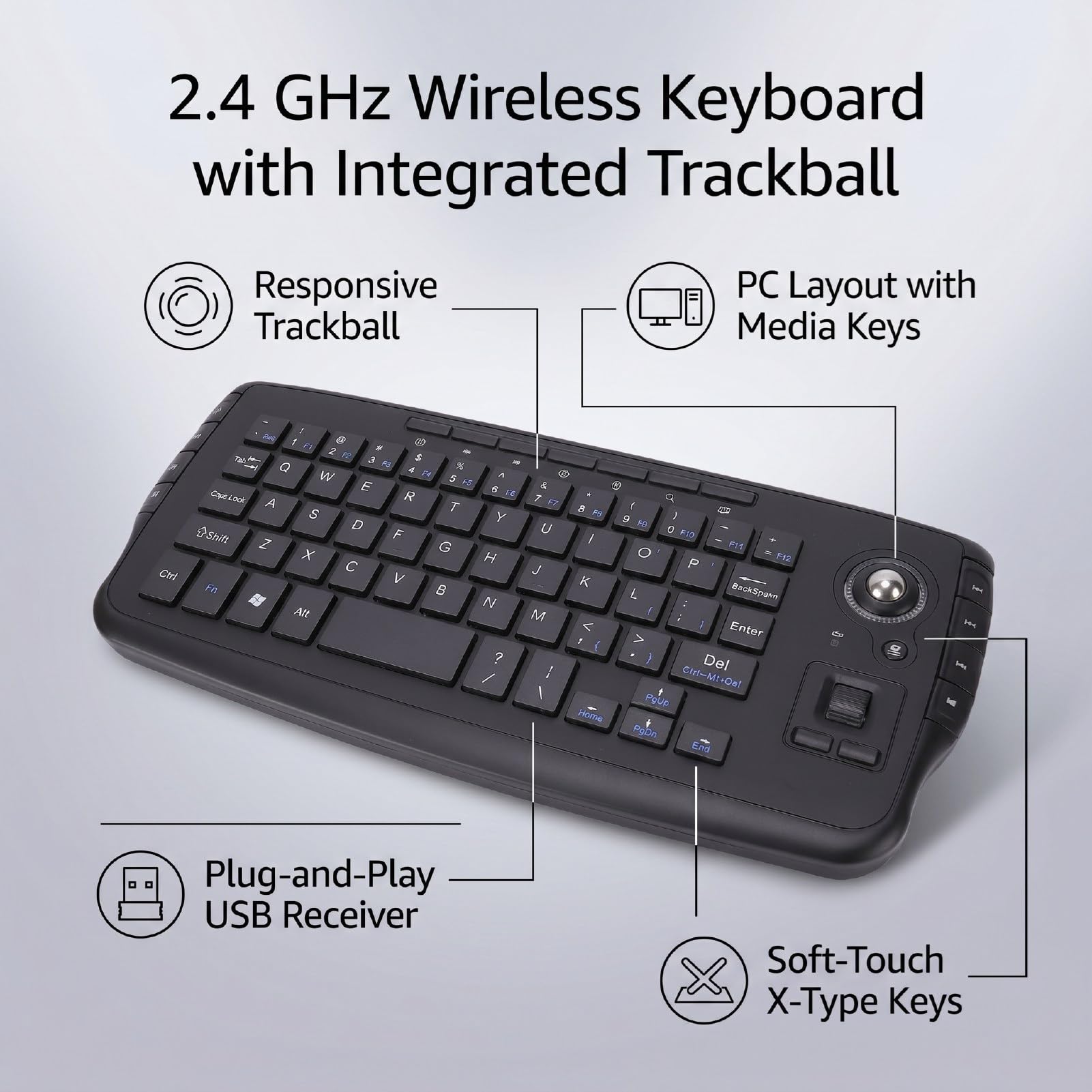 Teclado Inalámbrico con Trackball, Teclado Completo para PC for Box, HTPC, IPTV y Consola de Juegos